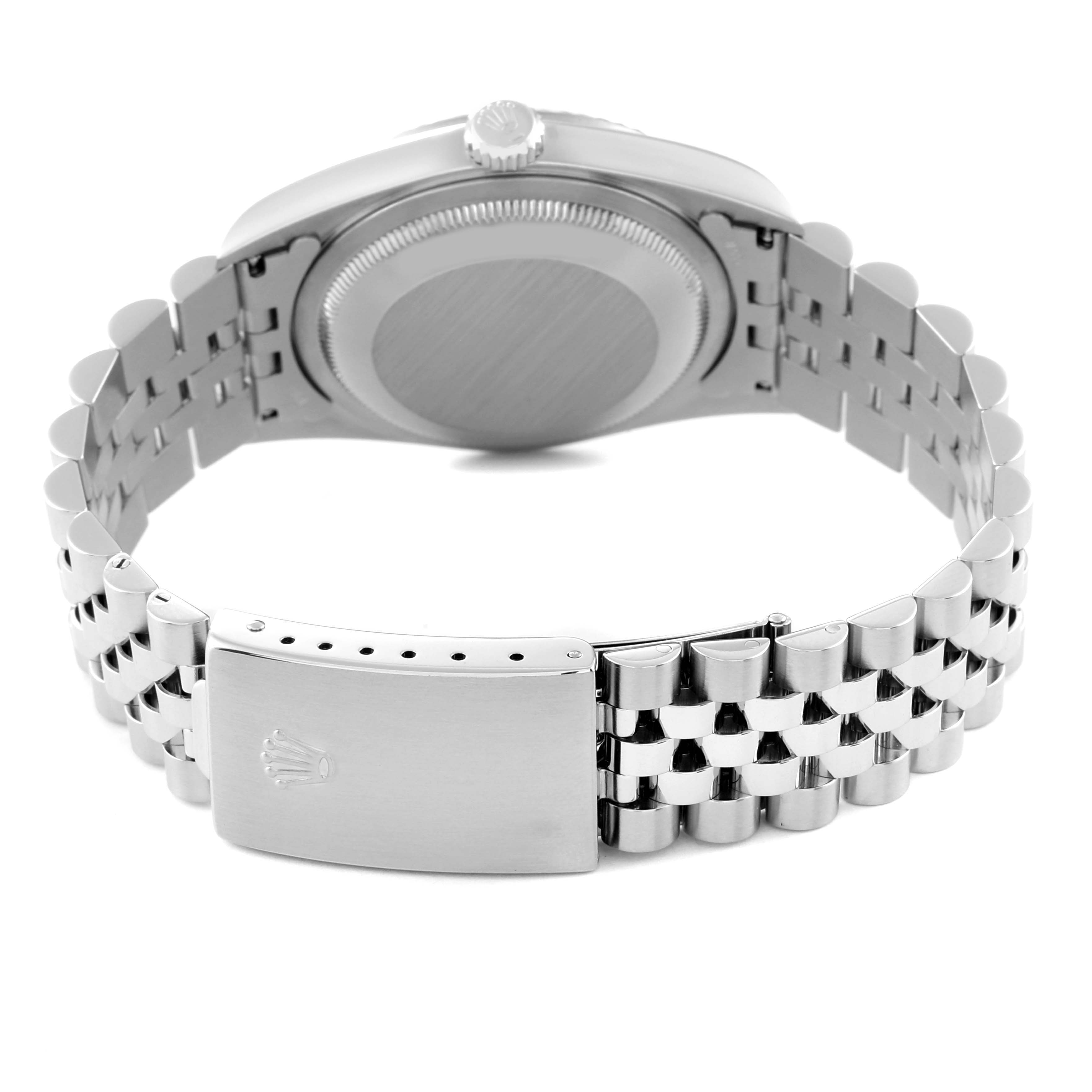 This image shows the backside and clasp of a Rolex Datejust 16234 Men's Stainless Steel White Dial 16234 Men's Stainless Steel White Dial watch, highlighting its Jubilee bracelet and case back.