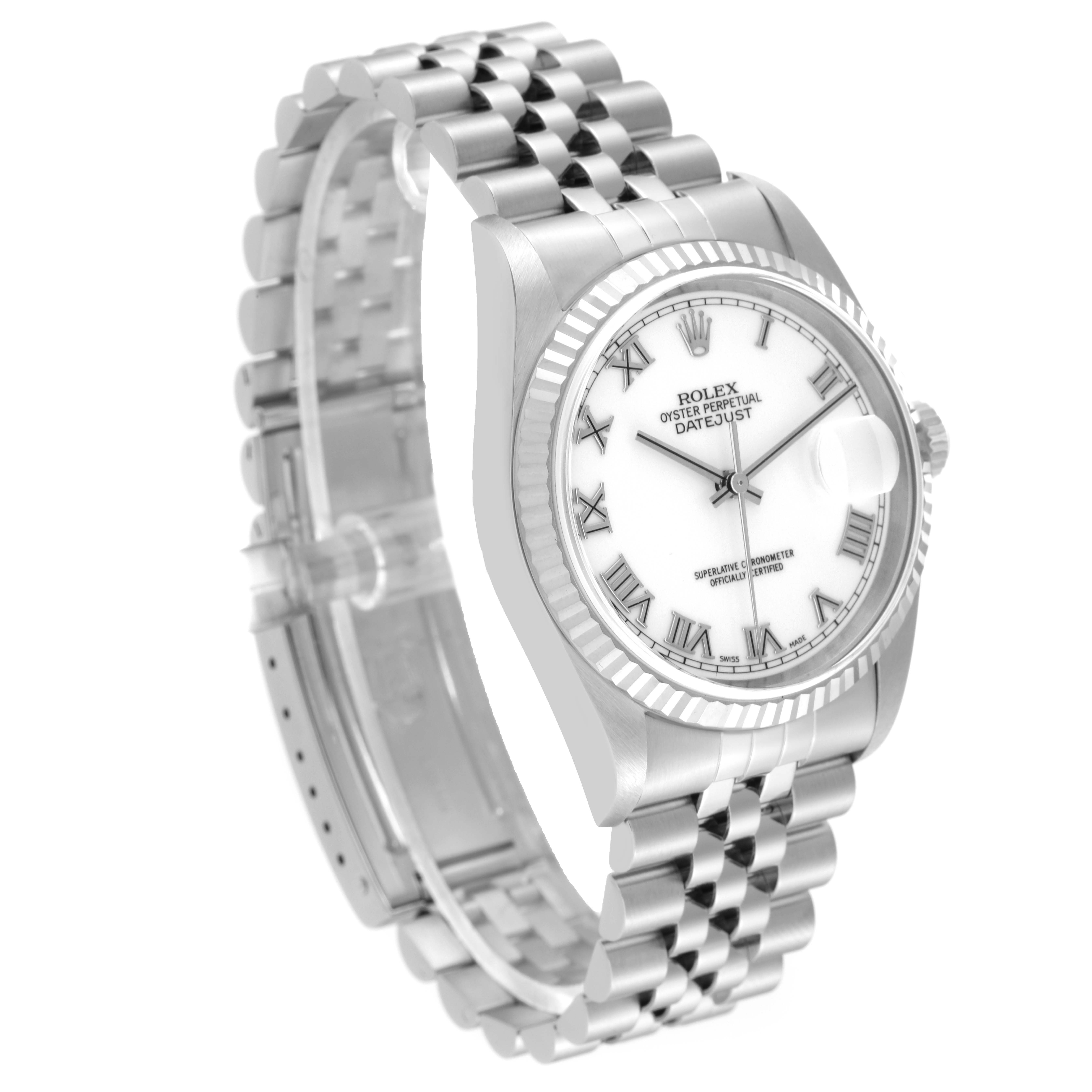 This image shows a Rolex Datejust 16234 Men's Stainless Steel White Dial 16234 Men's Stainless Steel White Dial watch from a three-quarter angle, displaying its face, bezel, and bracelet.