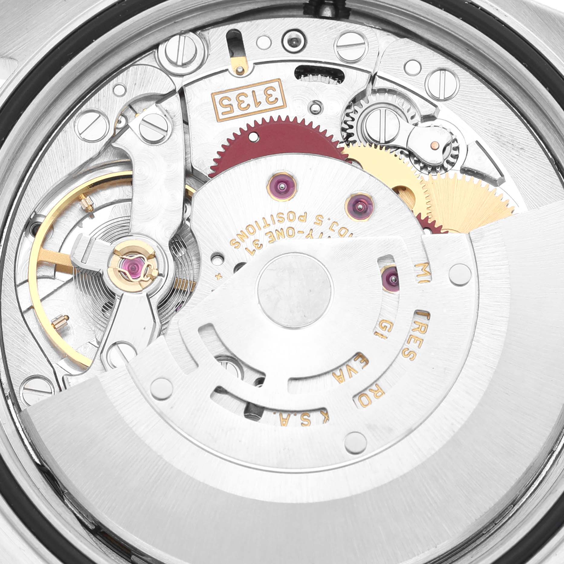 The image shows a close-up view of the internal mechanism of a Rolex Datejust 16234 Men's Stainless Steel White Dial 16234 Men's Stainless Steel White Dial watch, highlighting gears and intricate components.