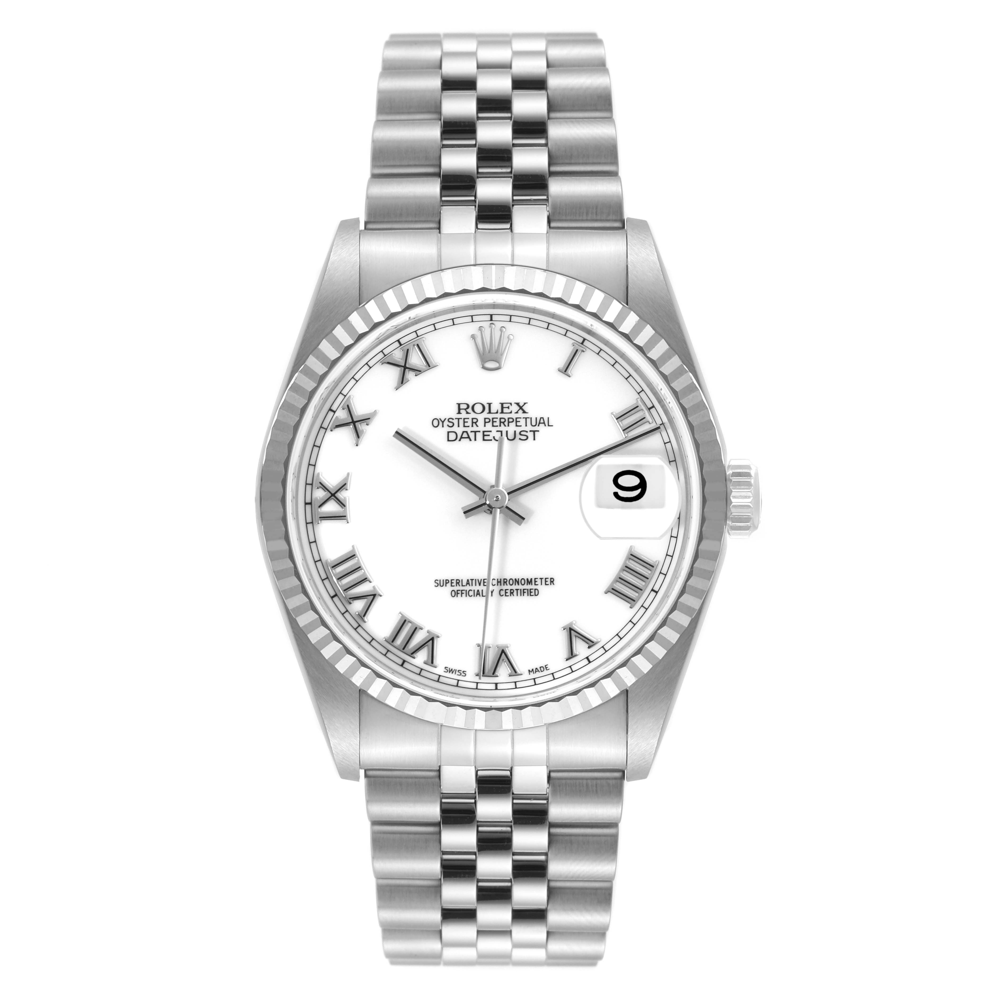 This image shows a front view of the Rolex Datejust 16234 Men's Stainless Steel White Dial 16234 Men's Stainless Steel White Dial watch, including the face, bezel, crown, and bracelet.
