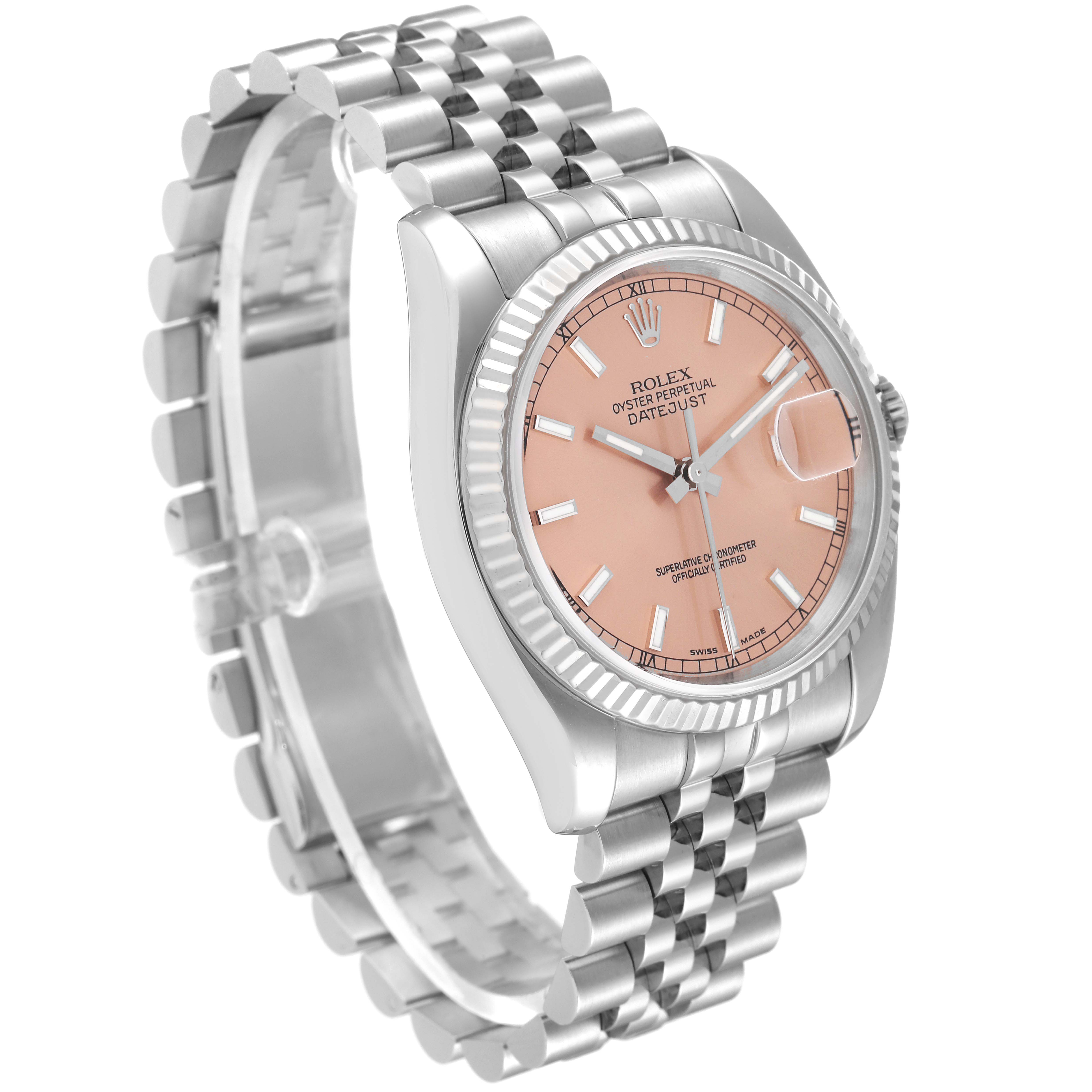 The image shows a side and angled view of the Rolex Datejust 116234 Men's Stainless Steel Pink Dial 116234 Men's Stainless Steel Pink Dial watch, highlighting the face, bezel, and bracelet.