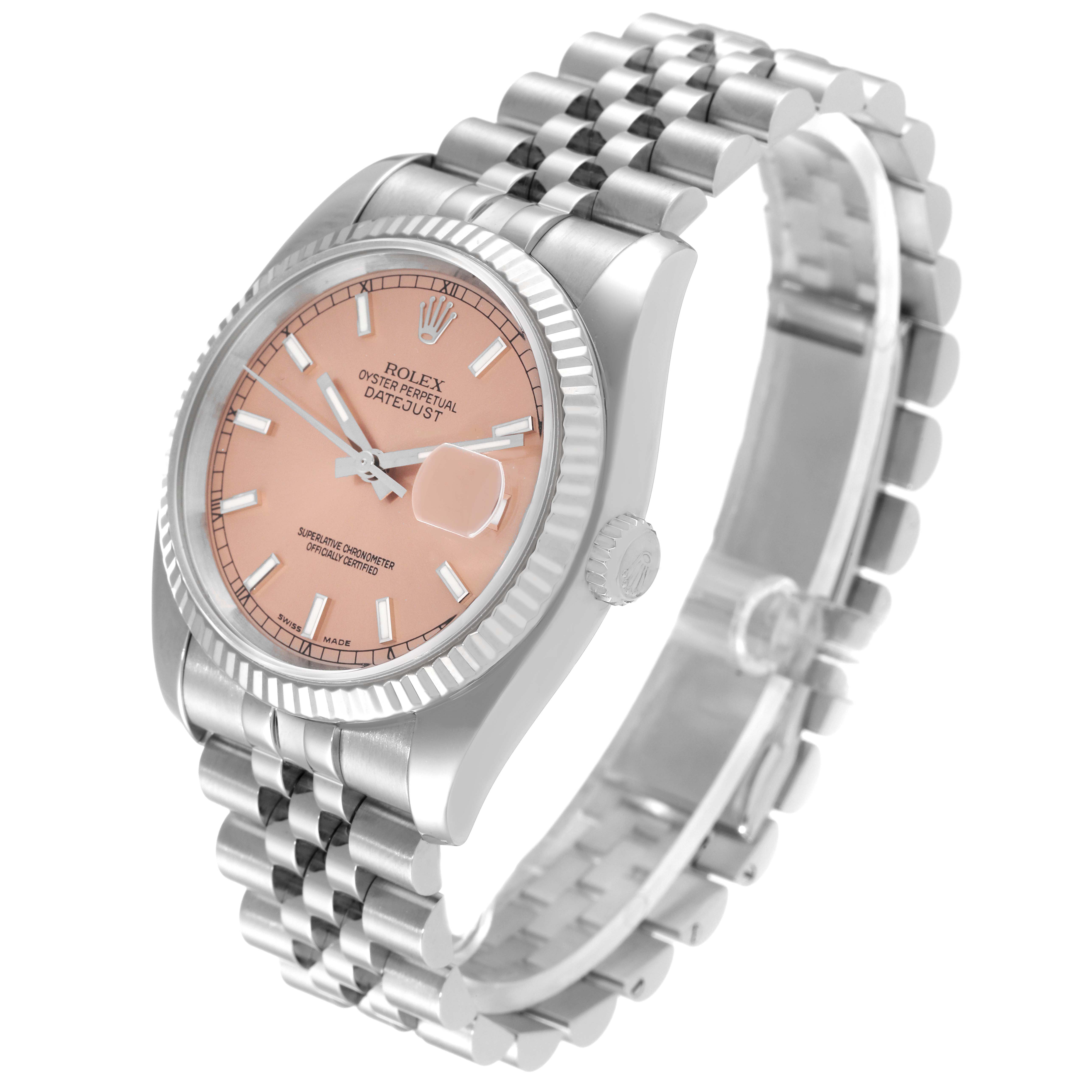 The image shows a Rolex Datejust 116234 Men's Stainless Steel Pink Dial 116234 Men's Stainless Steel Pink Dial watch angled to display its dial, bezel, crown, and bracelet clearly.