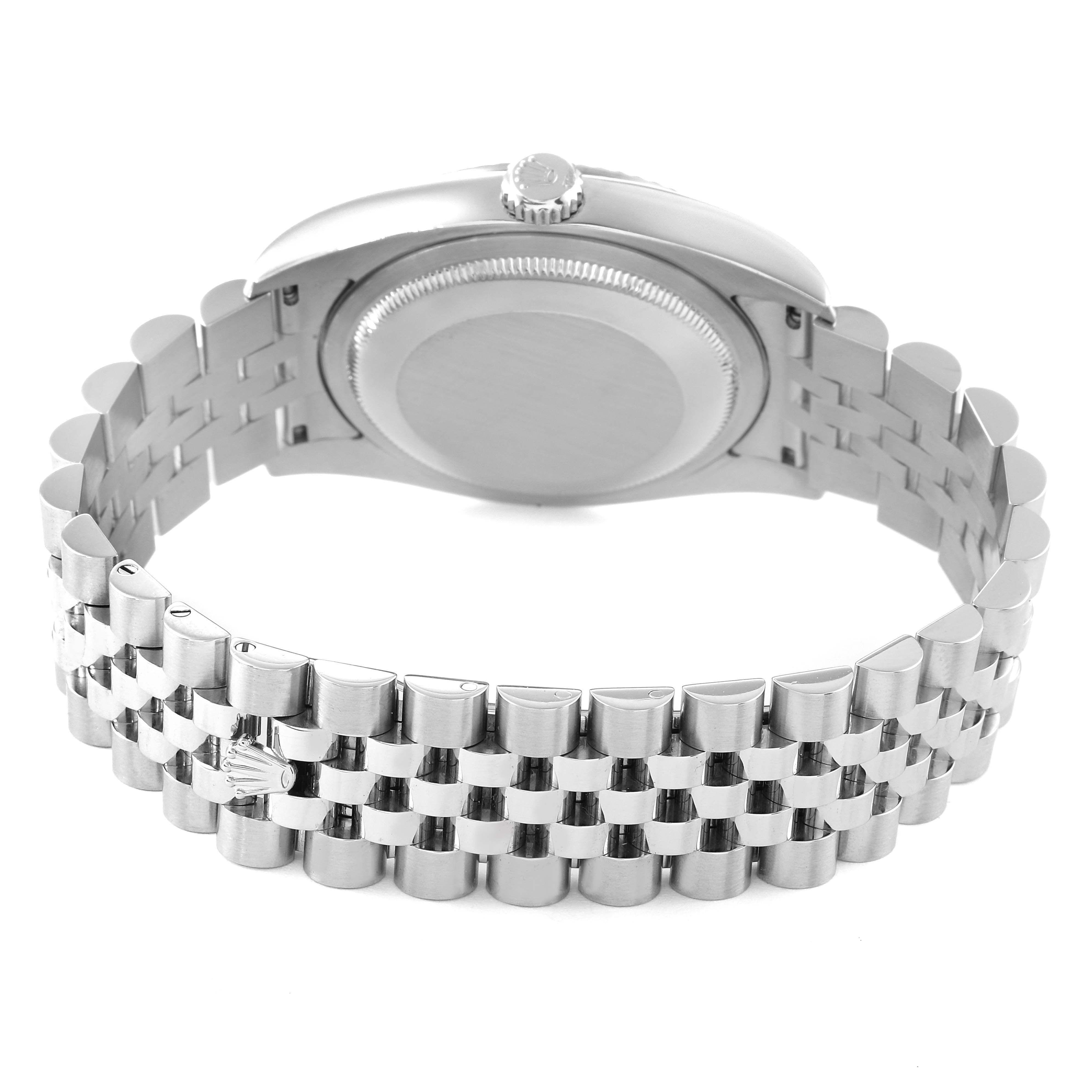 The image shows the back and bracelet of a Rolex Datejust 116234 Men's Stainless Steel Pink Dial 116234 Men's Stainless Steel Pink Dial watch at an overhead angle.