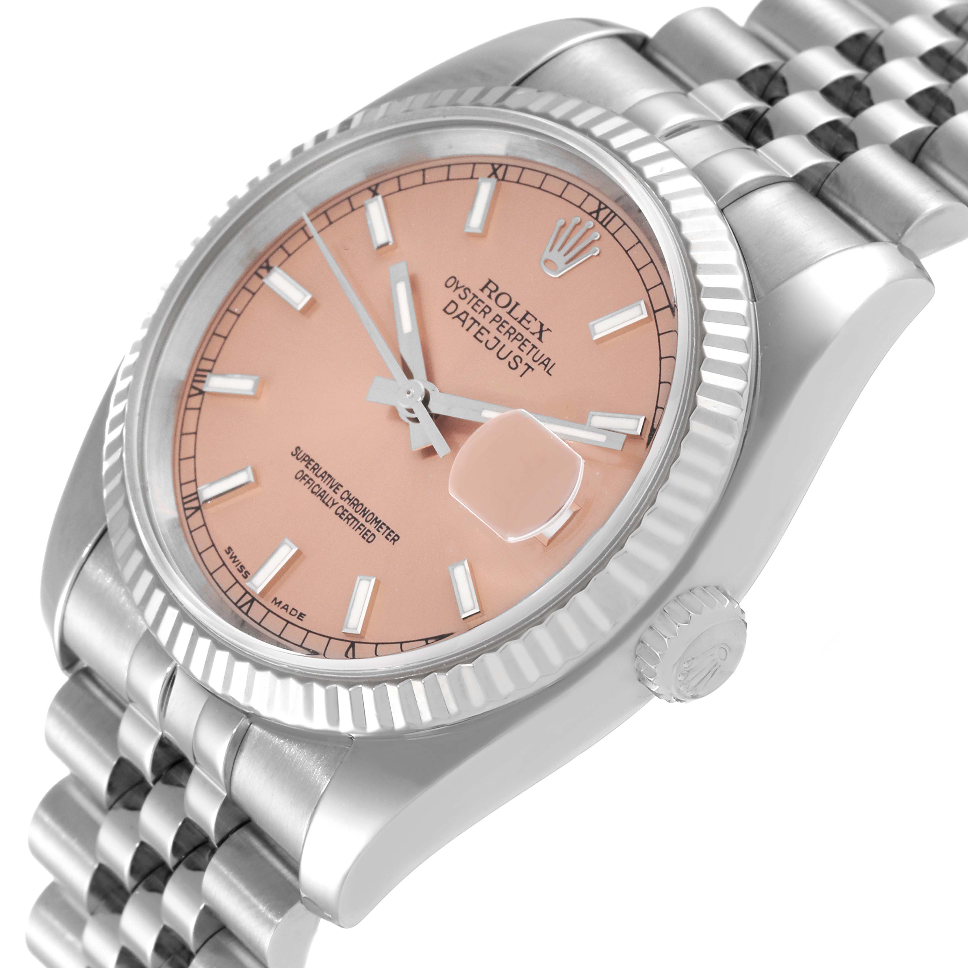 The image shows a Rolex Datejust 116234 Men's Stainless Steel Pink Dial 116234 Men's Stainless Steel Pink Dial watch at a slight angle, highlighting the peach-colored dial, fluted bezel, and Jubilee bracelet.