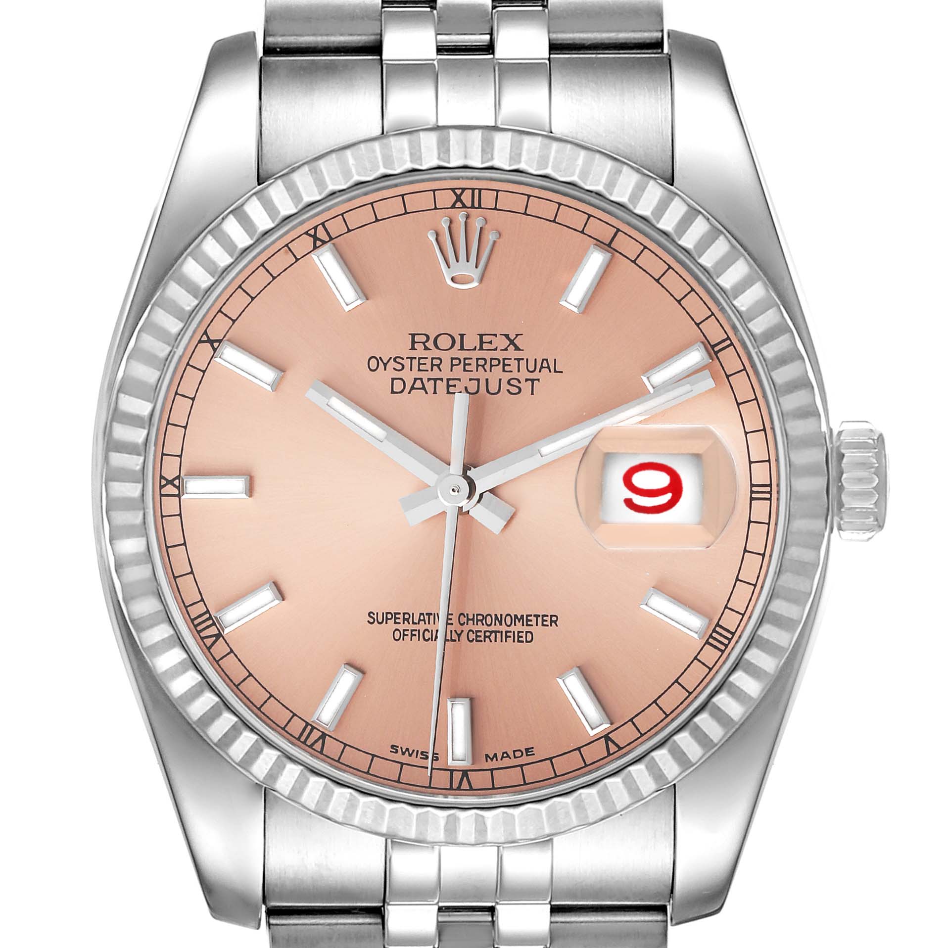 This image shows a frontal view of the dial, bezel, and part of the bracelet of a Rolex Datejust 116234 Men's Stainless Steel Pink Dial 116234 Men's Stainless Steel Pink Dial model watch.