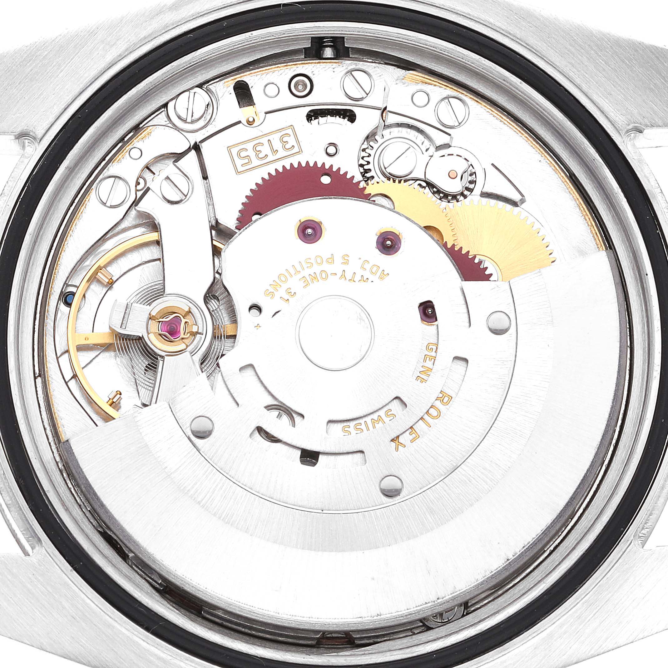 The image shows an inner view of the Rolex Datejust 116234 Men's Stainless Steel Pink Dial 116234 Men's Stainless Steel Pink Dial movement mechanism, revealing gears and various components.