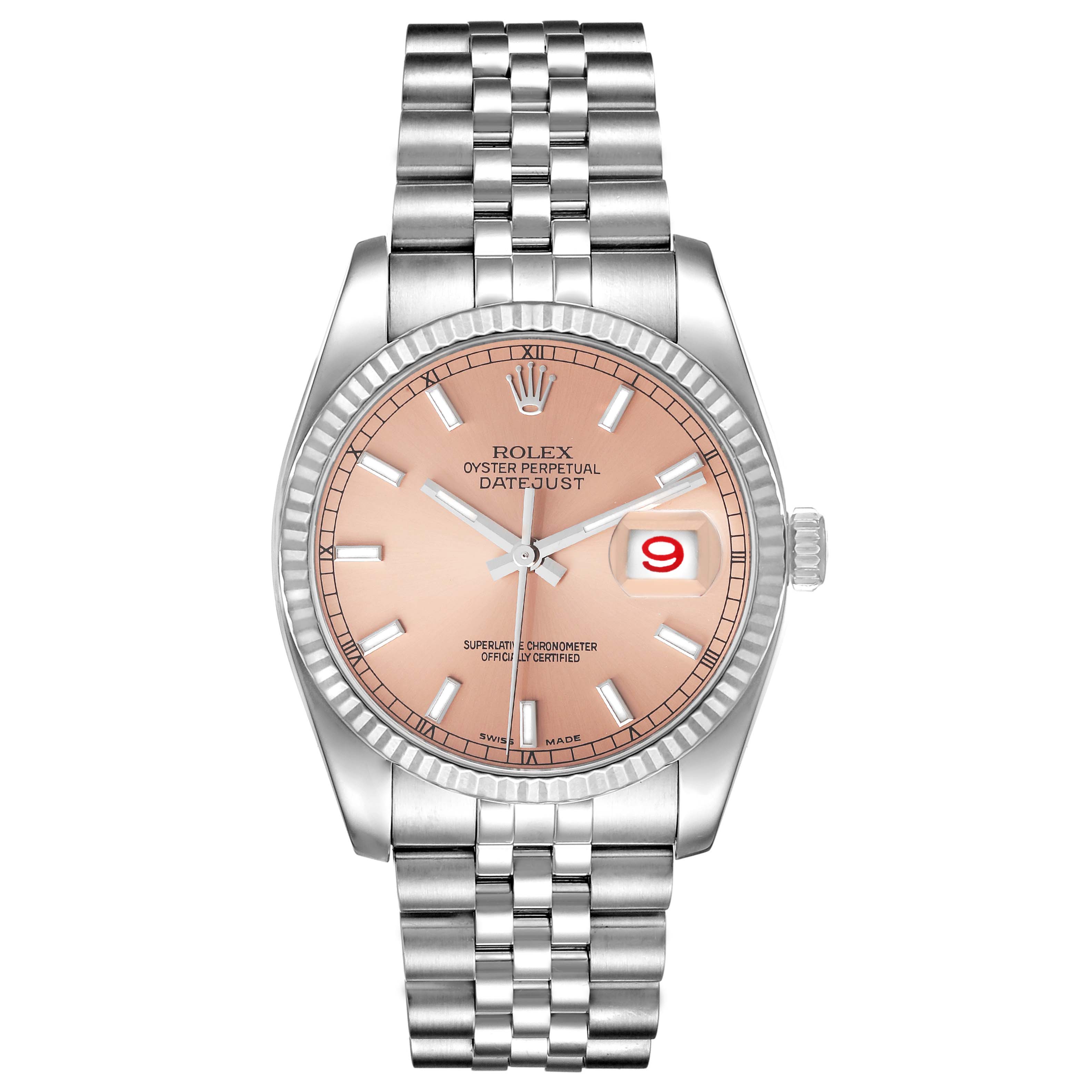 This image shows a Rolex Datejust 116234 Men's Stainless Steel Pink Dial 116234 Men's Stainless Steel Pink Dial watch photographed from the front, highlighting its dial, bezel, case, and bracelet.