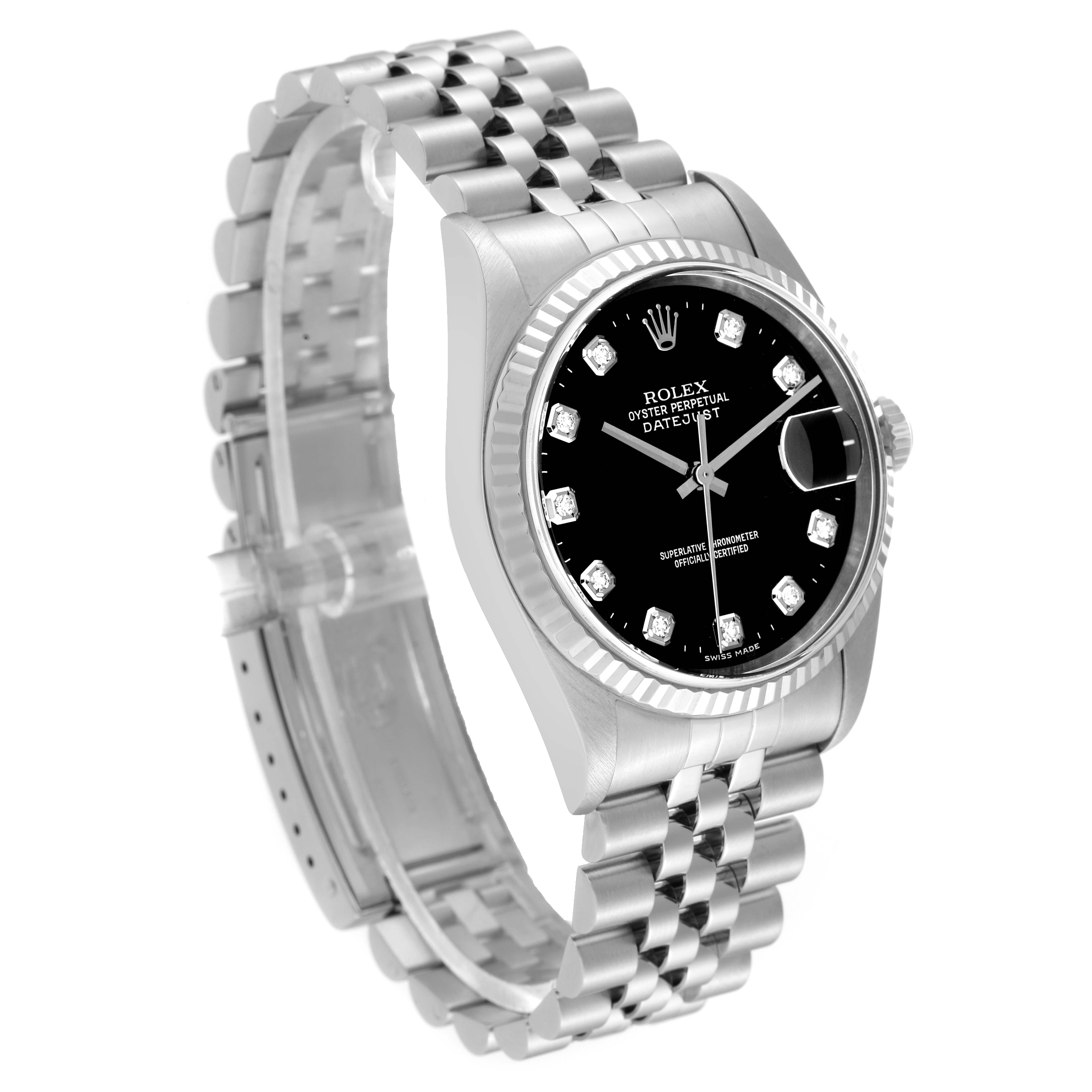 The image shows a Rolex Datejust 16234 Men's Stainless Steel Black Dial 16234 Men's Stainless Steel Black Dial watch at a three-quarter angle, highlighting its black dial, stainless steel case, and Jubilee bracelet.