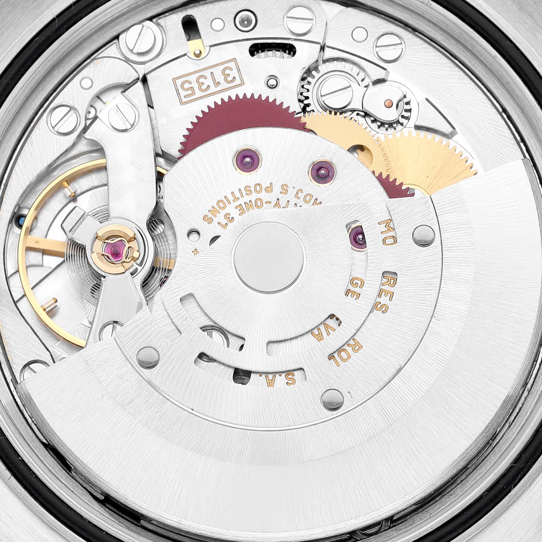 This image shows a close-up view of the movement inside a Rolex Datejust 16234 Men's Stainless Steel Black Dial 16234 Men's Stainless Steel Black Dial watch, highlighting its intricate gears and components.