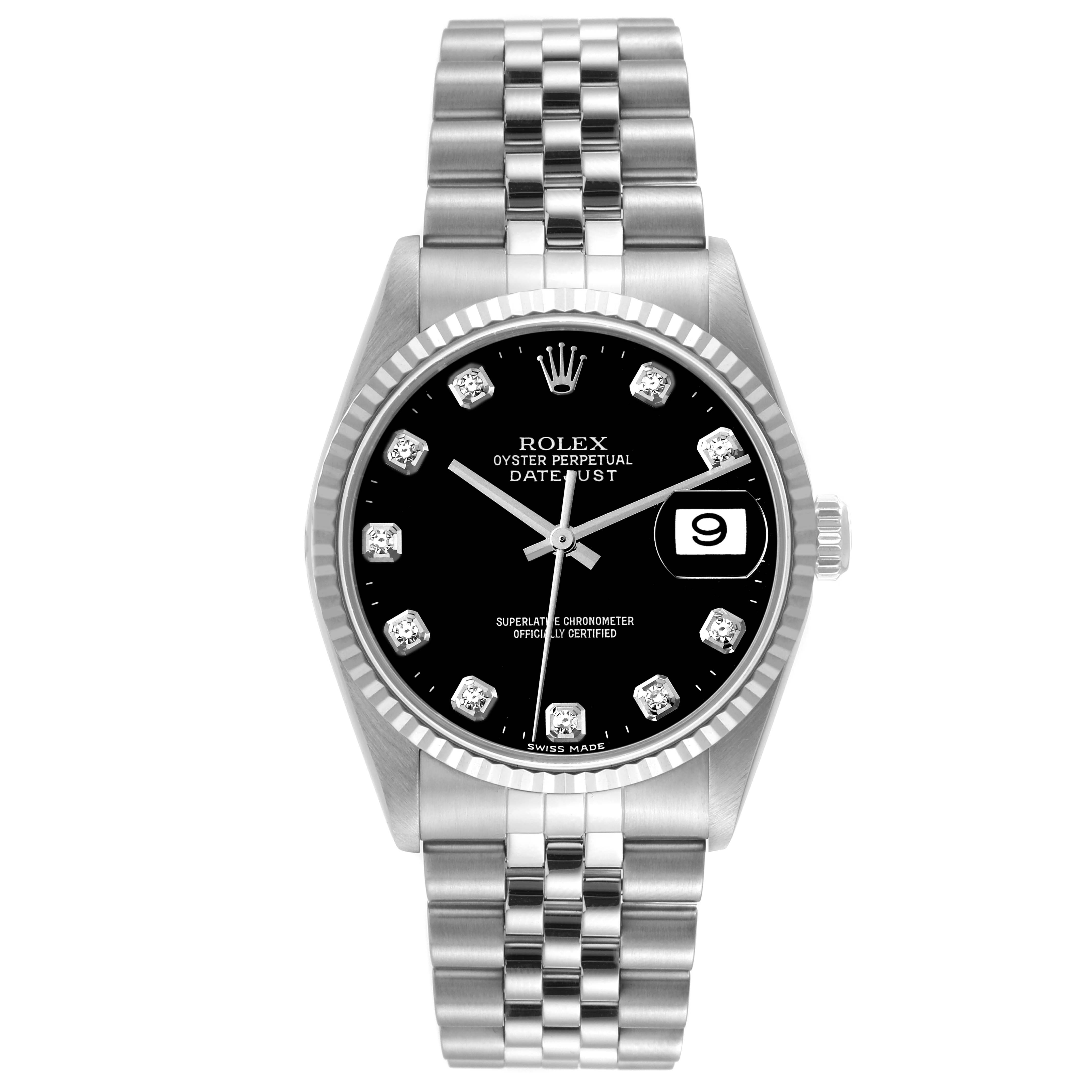 This image shows a frontal view of a Rolex Datejust 16234 Men's Stainless Steel Black Dial 16234 Men's Stainless Steel Black Dial watch, highlighting its black dial, diamond hour markers, and stainless steel bracelet.