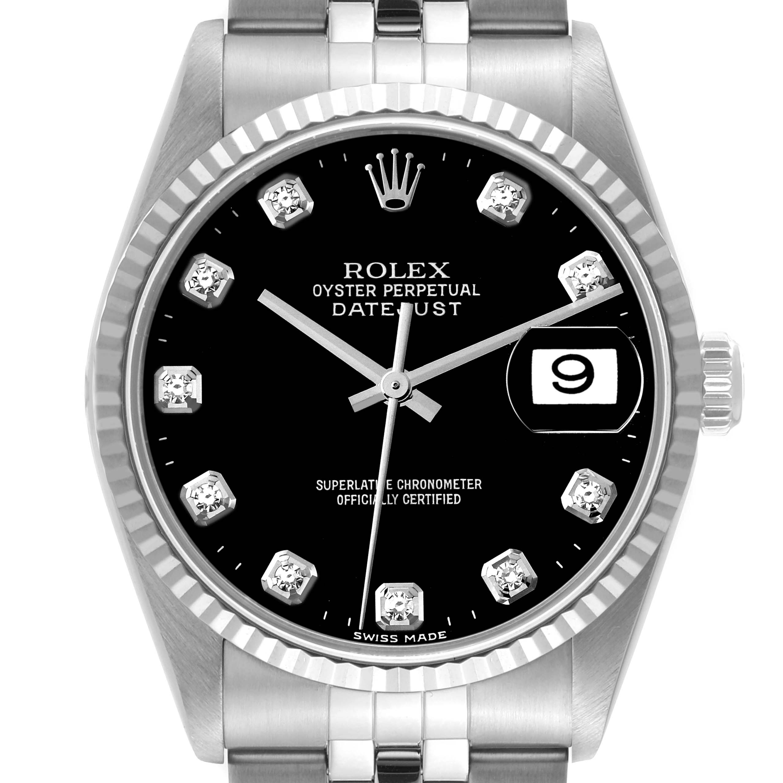 This image shows the front angle of a Rolex Datejust 16234 Men's Stainless Steel Black Dial 16234 Men's Stainless Steel Black Dial watch, highlighting the dial, bezel, and part of the bracelet.