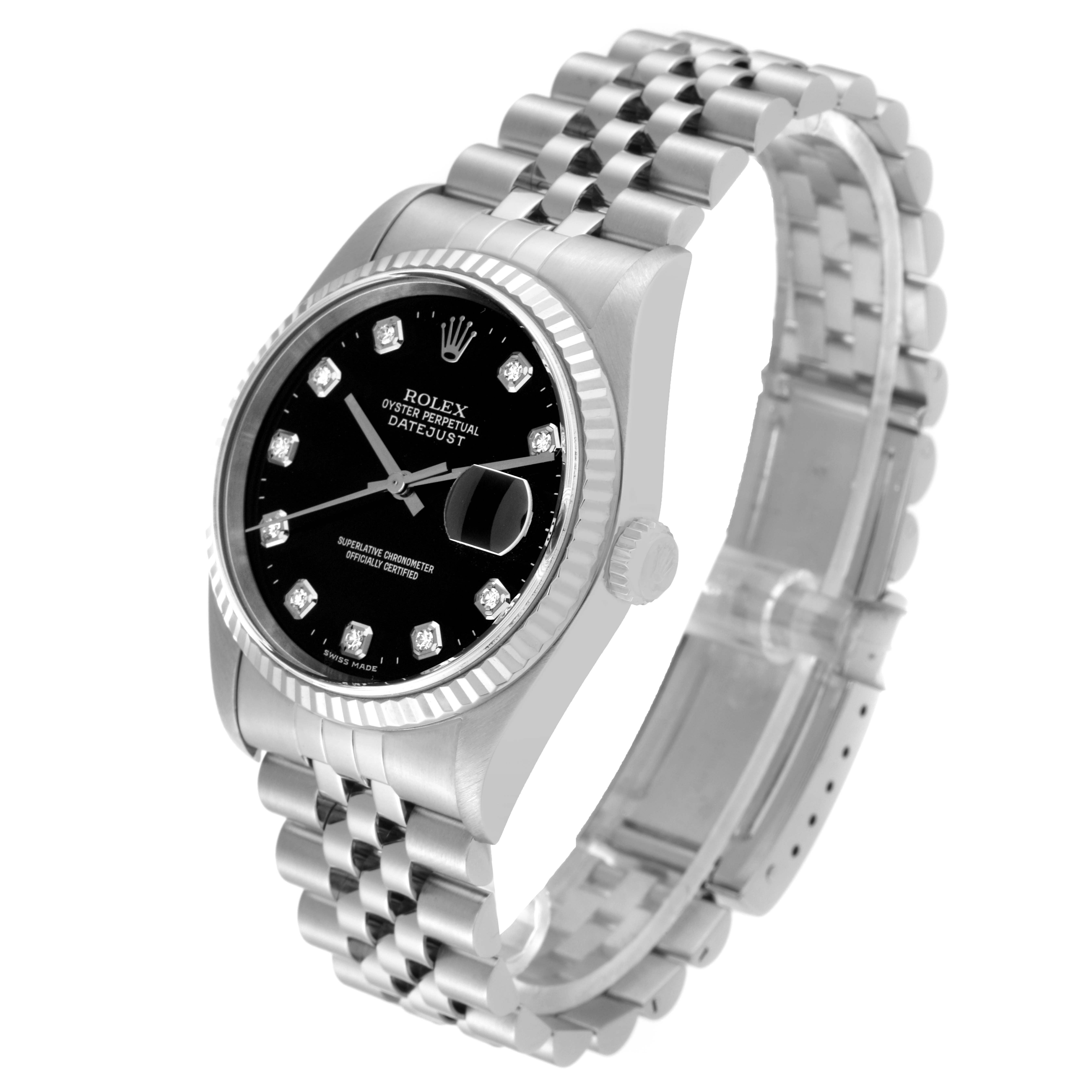 The image shows a Rolex Datejust 16234 Men's Stainless Steel Black Dial 16234 Men's Stainless Steel Black Dial watch at a 3/4 angle, highlighting its bracelet, black dial, and date window with a magnifying lens.