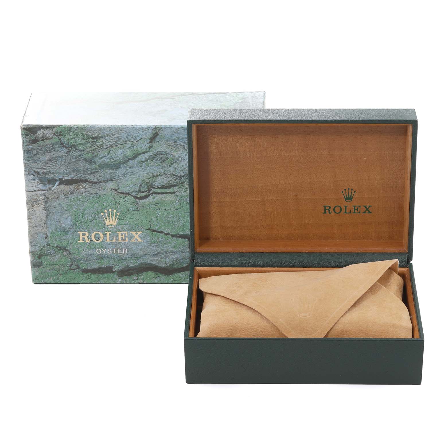 The image shows a Rolex Datejust 16234 Men's Stainless Steel Black Dial 16234 Men's Stainless Steel Black Dial box, featuring an open green and wood interior, with a suede watch pouch inside.