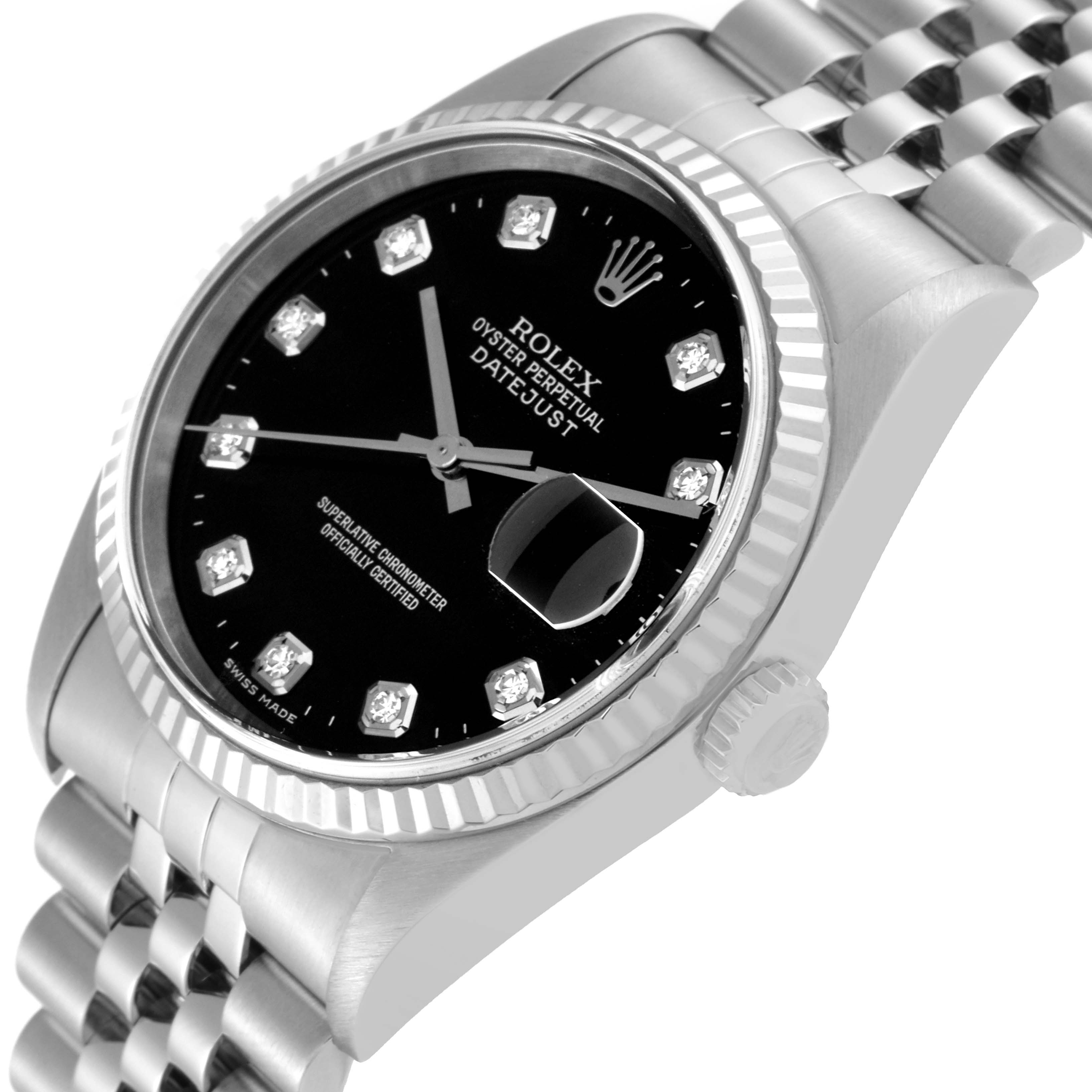 This image shows a Rolex Datejust 16234 Men's Stainless Steel Black Dial 16234 Men's Stainless Steel Black Dial watch at an angled view, highlighting its black dial, jubilee bracelet, and fluted bezel.