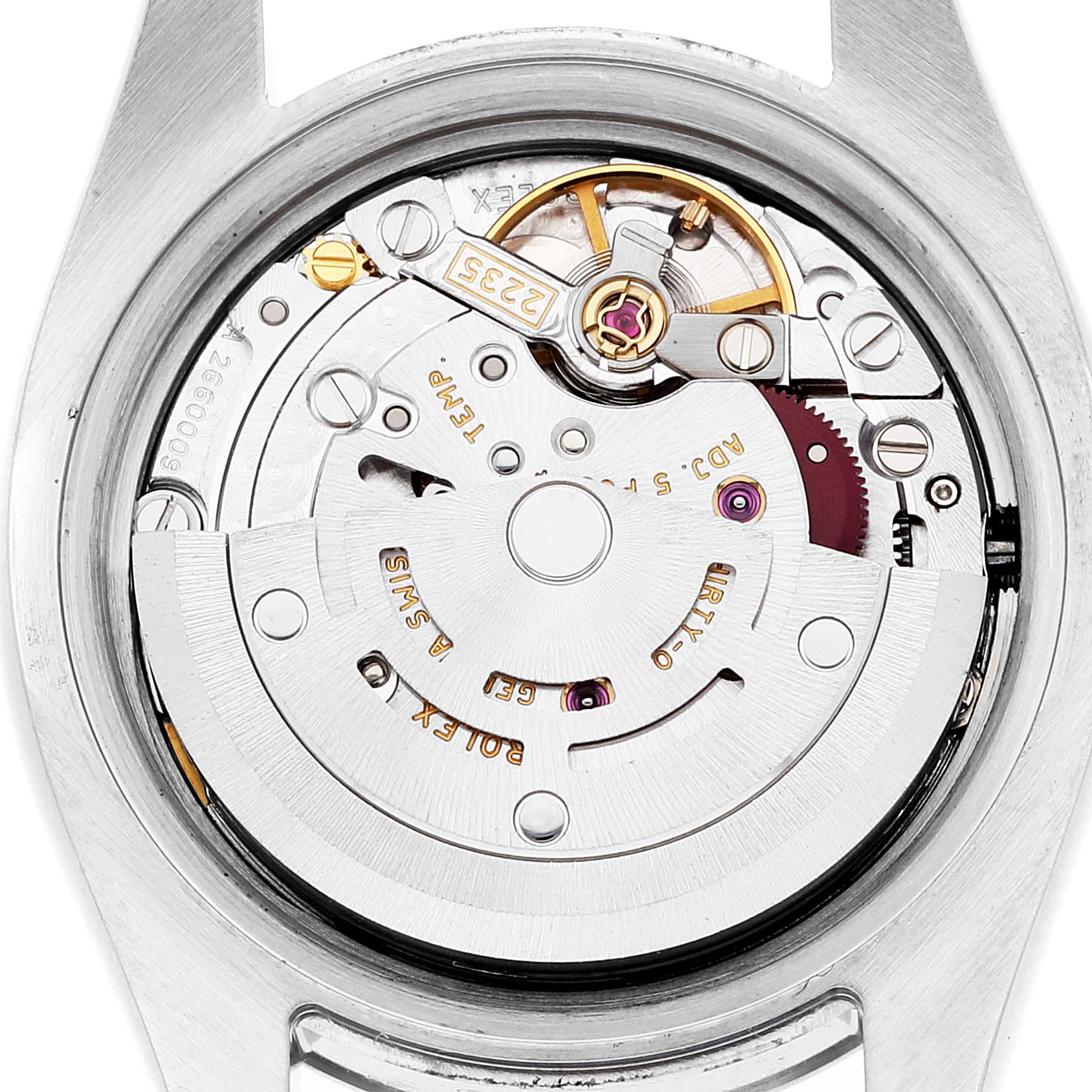 The image shows the internal mechanism of a Rolex Datejust 179174 Women's Stainless Steel Mother of Pearl Dial 179174 Women's Stainless Steel Mother of Pearl Dial watch from a top-down angle, highlighting its intricate components.