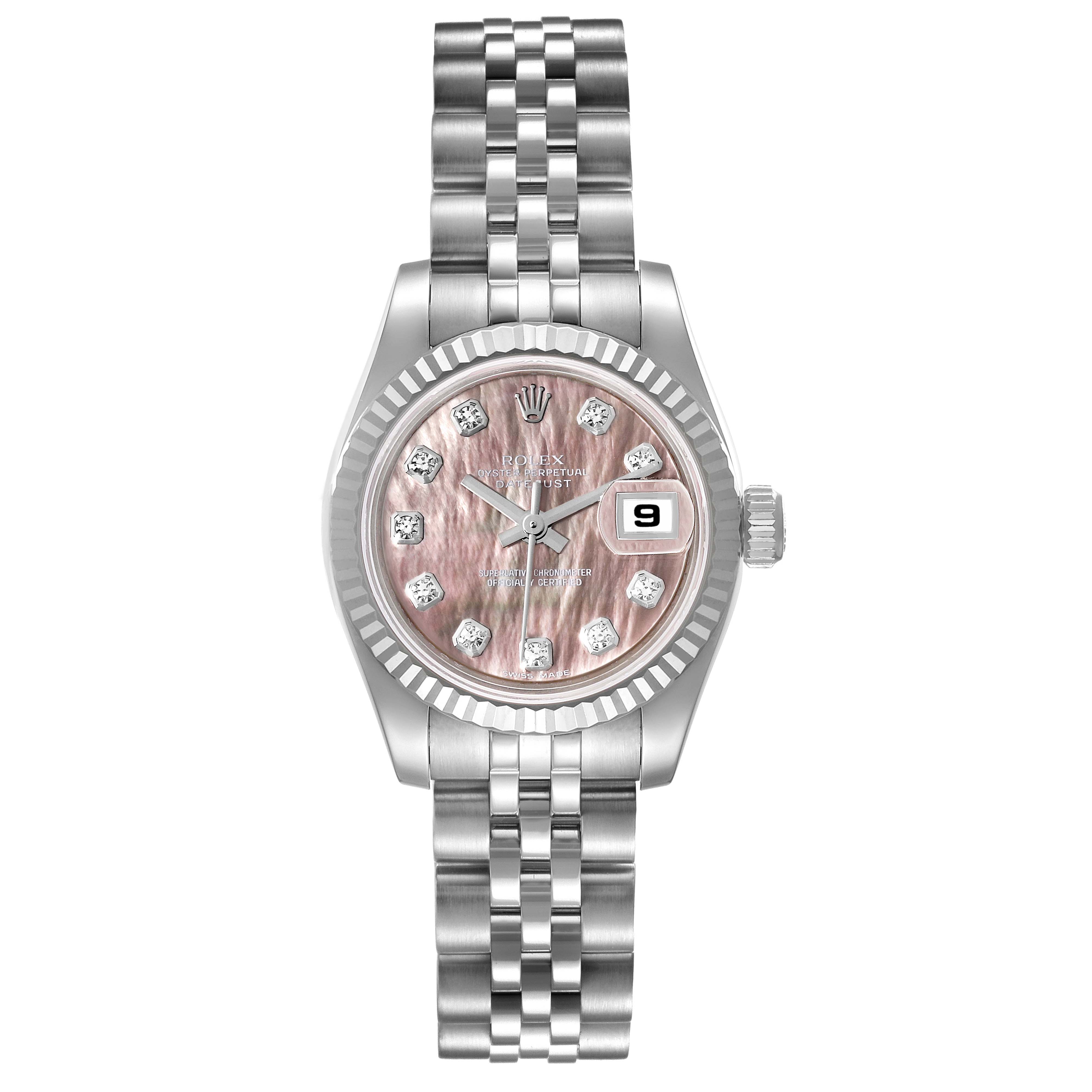 This Rolex Datejust 179174 Women's Stainless Steel Mother of Pearl Dial 179174 Women's Stainless Steel Mother of Pearl Dial model watch is shown from a top-down angle, displaying its face, bezel, and bracelet.