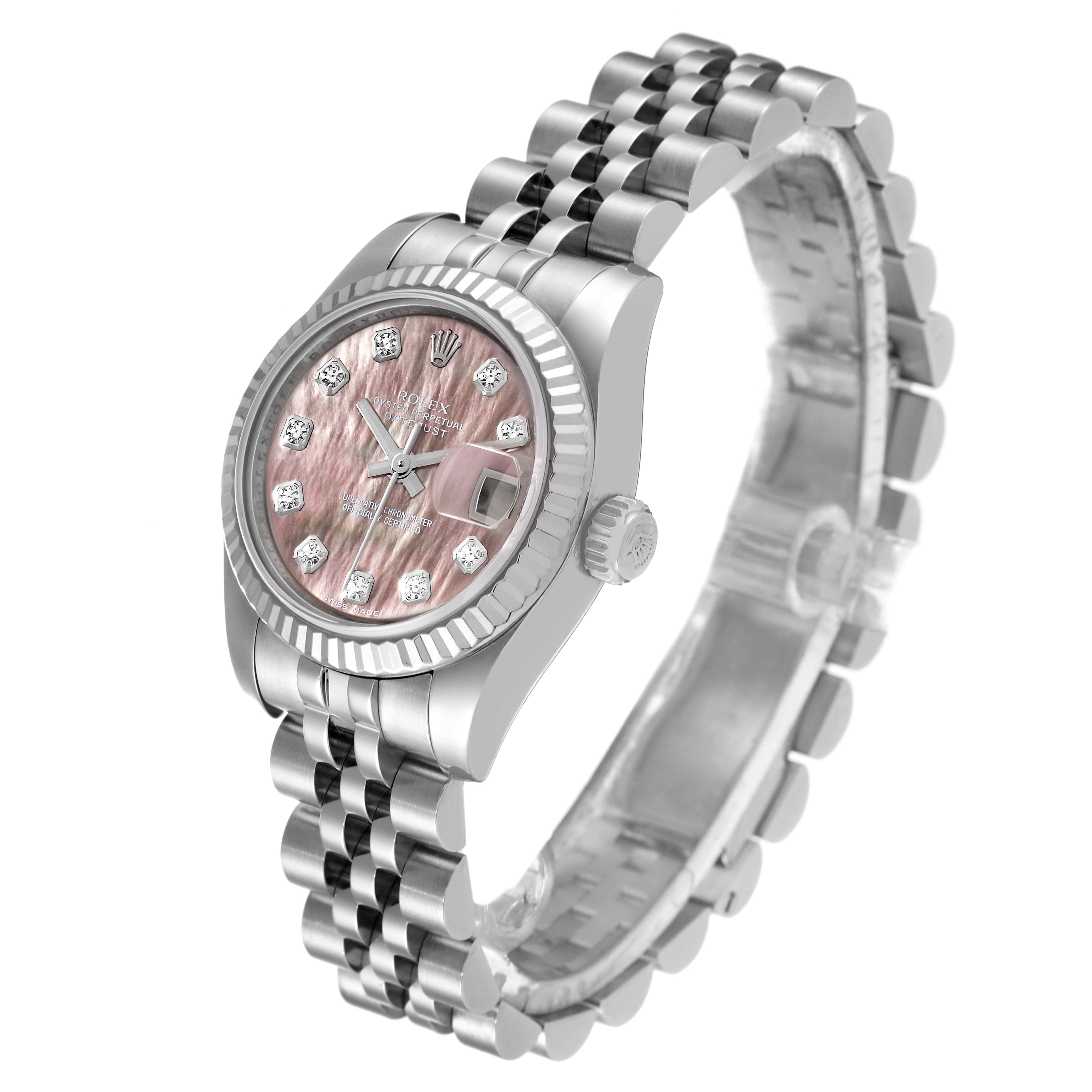 The image shows a Rolex Datejust 179174 Women's Stainless Steel Mother of Pearl Dial 179174 Women's Stainless Steel Mother of Pearl Dial watch from a three-quarter angle featuring its face and bracelet.