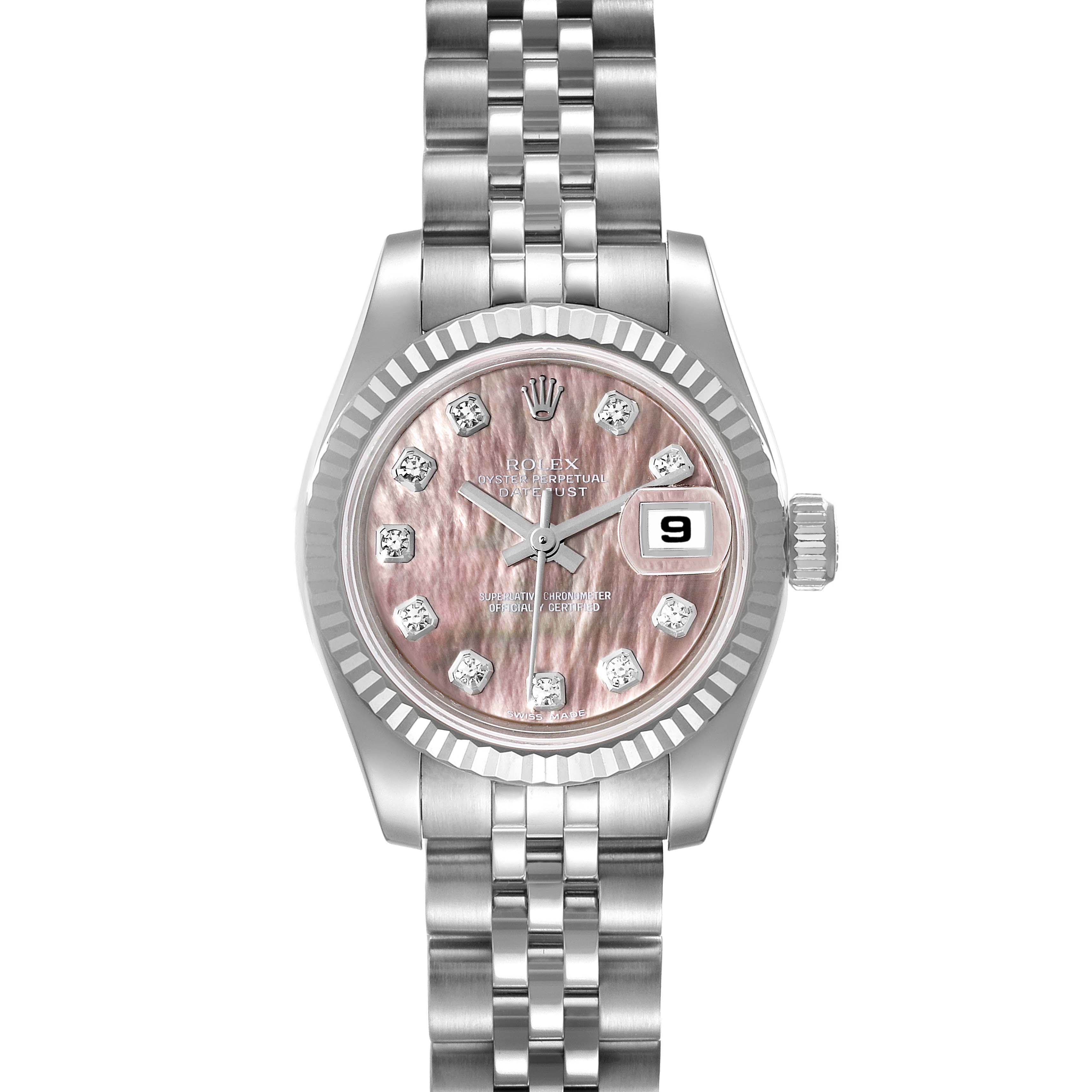 This image shows a front view of a Rolex Datejust 179174 Women's Stainless Steel Mother of Pearl Dial 179174 Women's Stainless Steel Mother of Pearl Dial watch, showcasing its pink diamond dial, bezel, and Jubilee bracelet.