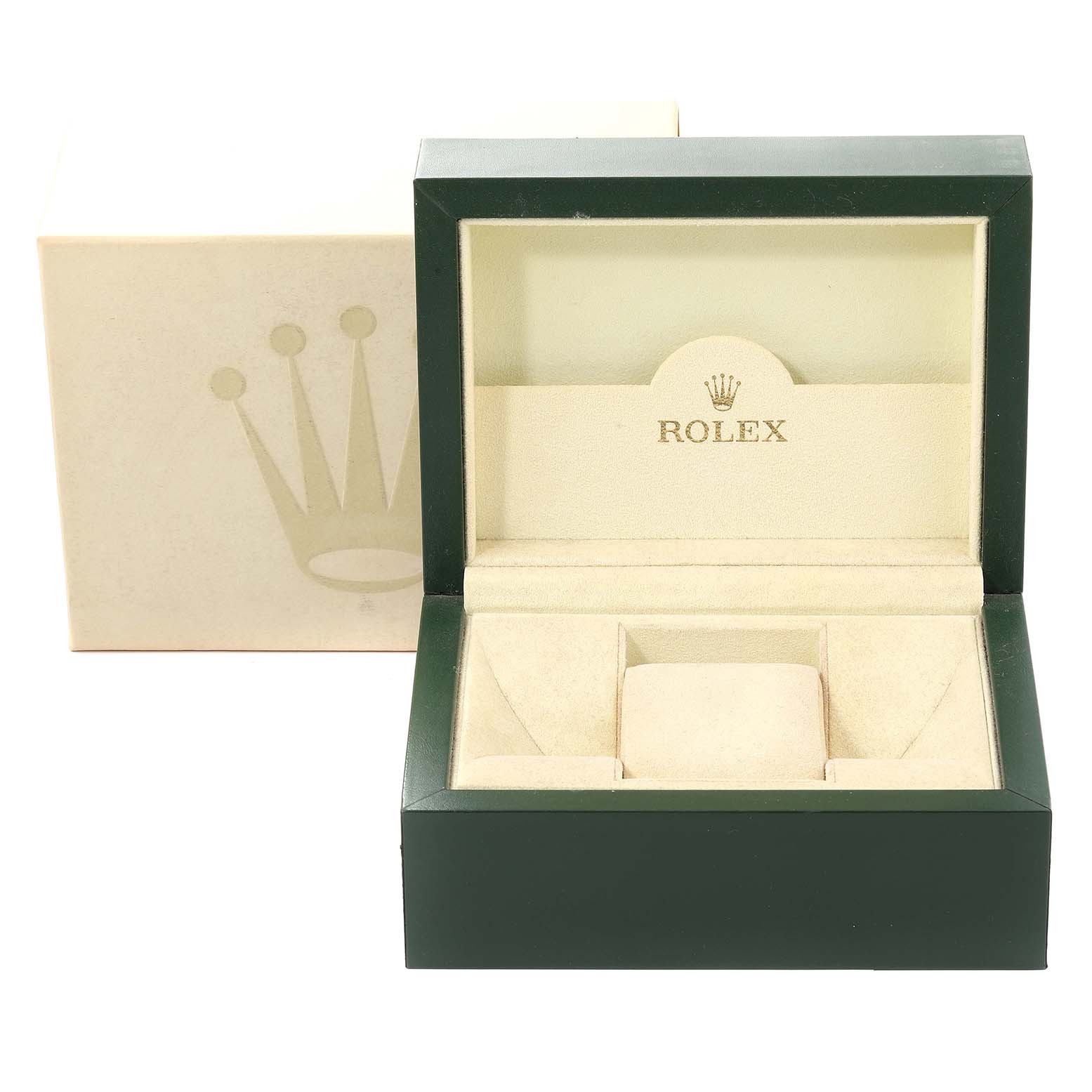 This image shows an open green Rolex Datejust 179174 Women's Stainless Steel Mother of Pearl Dial 179174 Women's Stainless Steel Mother of Pearl Dial watch box with the lid featuring the Rolex logo.
