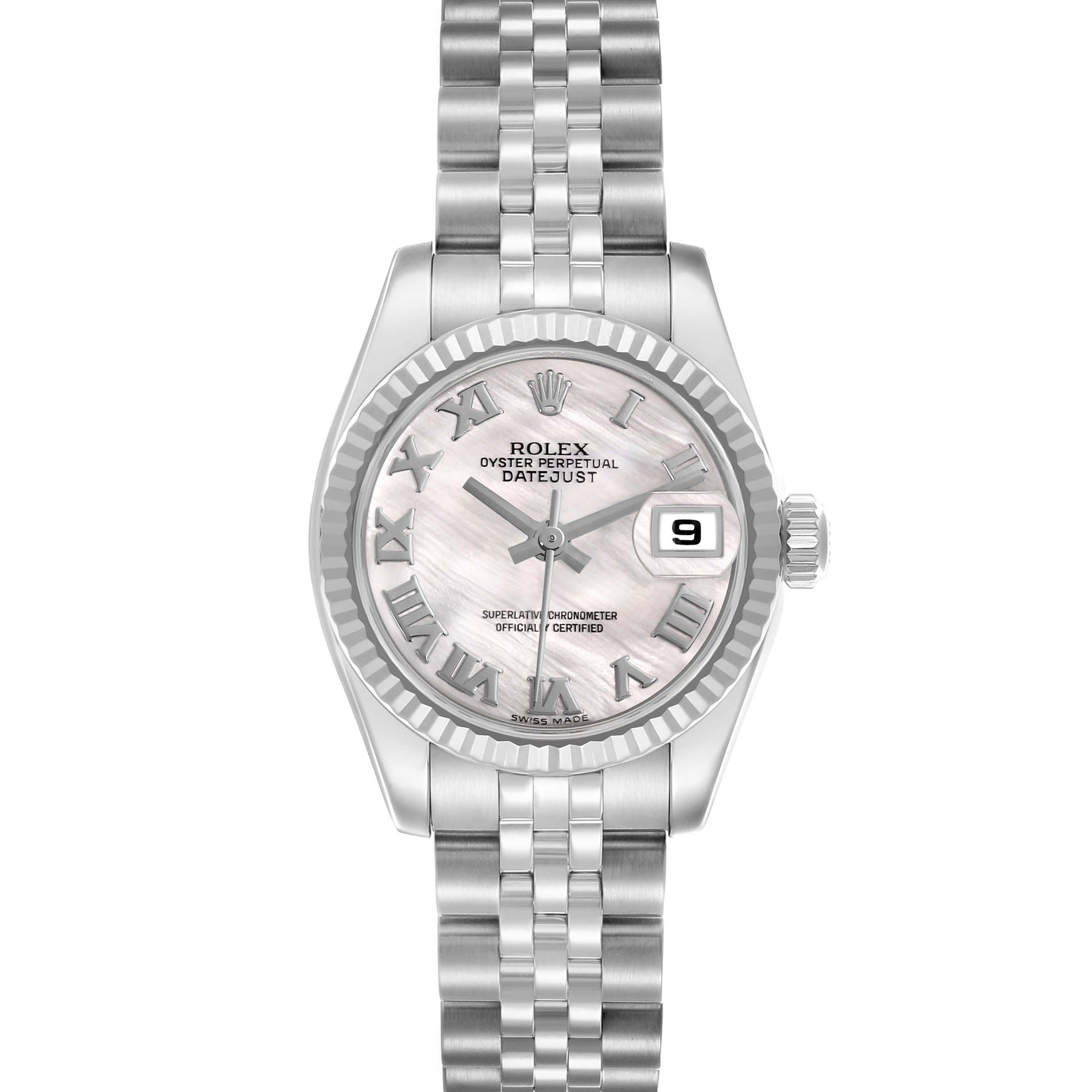 The Rolex Datejust 179174 Women's Stainless Steel Mother of Pearl Dial 179174 Women's Stainless Steel Mother of Pearl Dial watch is shown from a top-down angle, featuring a fluted bezel, Jubilee bracelet, and date window.