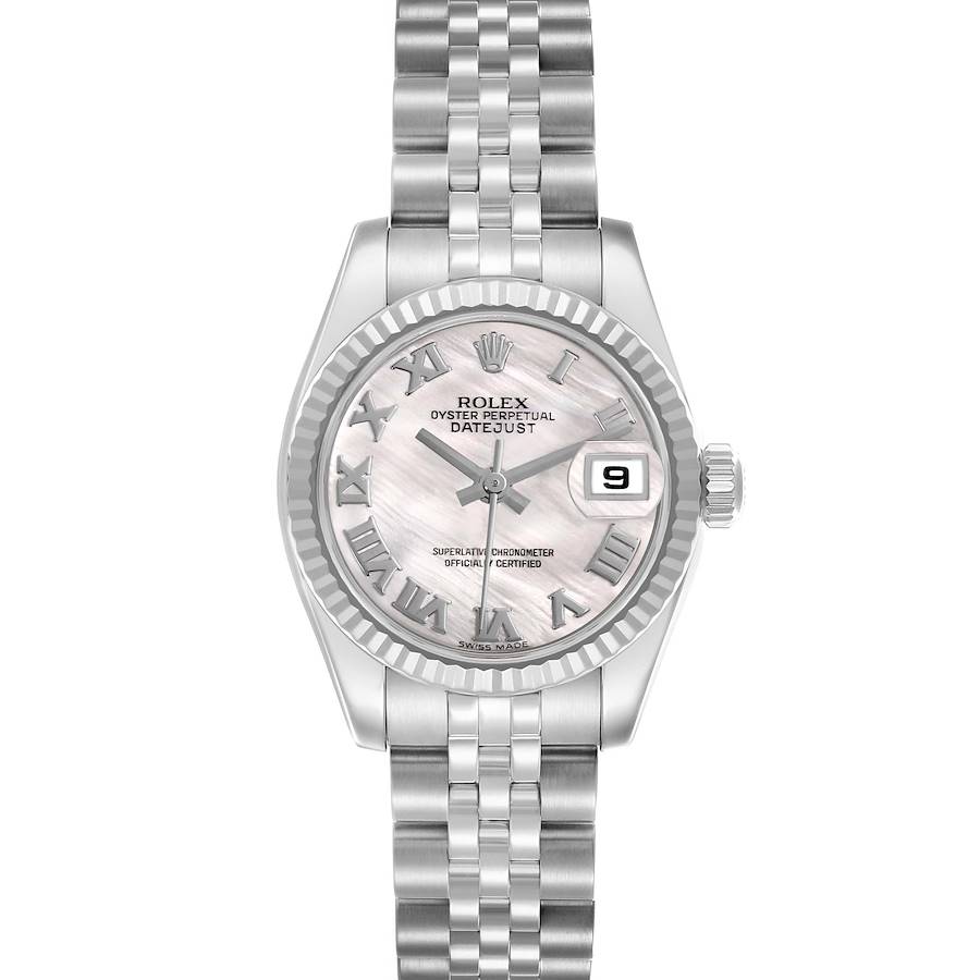 The Rolex Datejust watch is shown from a top-down angle, featuring a fluted bezel, Jubilee bracelet, and date window.