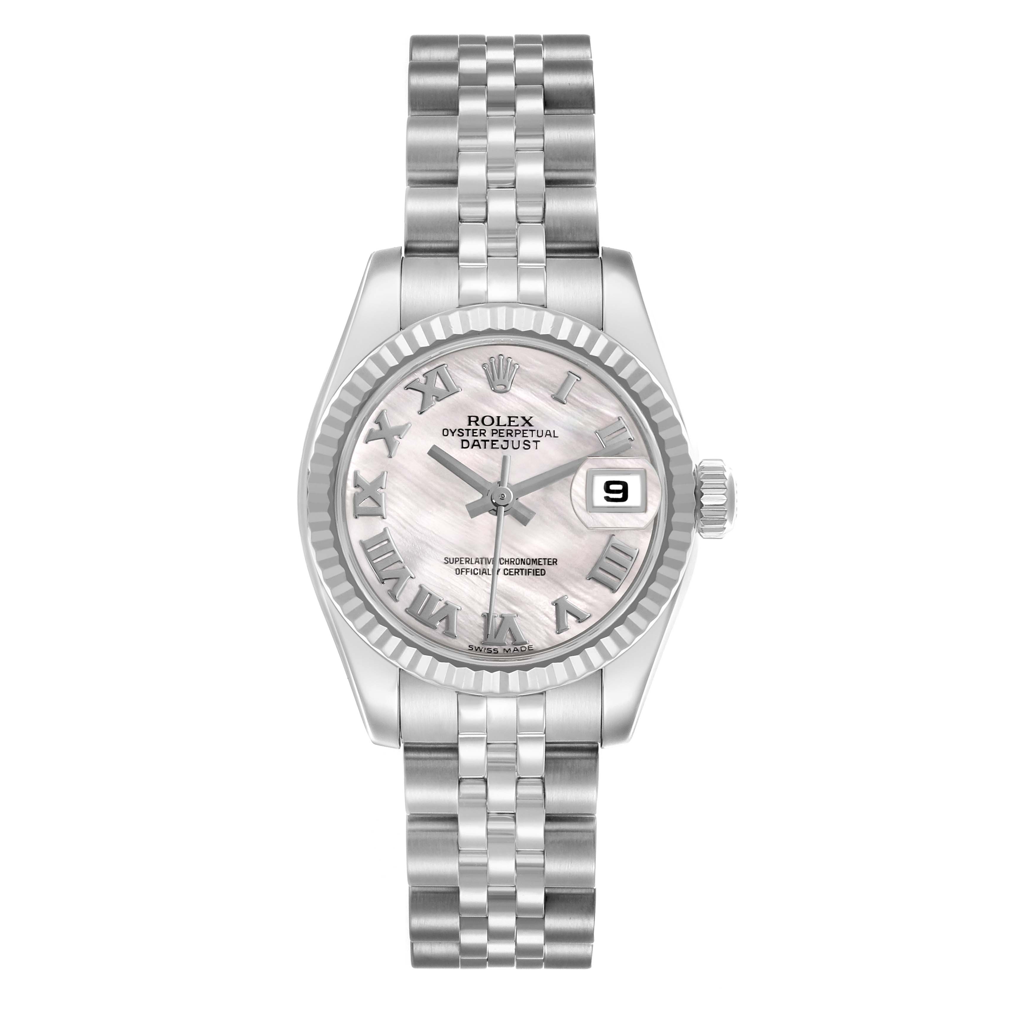 The Rolex Datejust 179174 Women's Stainless Steel Mother of Pearl Dial 179174 Women's Stainless Steel Mother of Pearl Dial watch is shown from a top view, highlighting the face, bezel, bracelet, and crown.