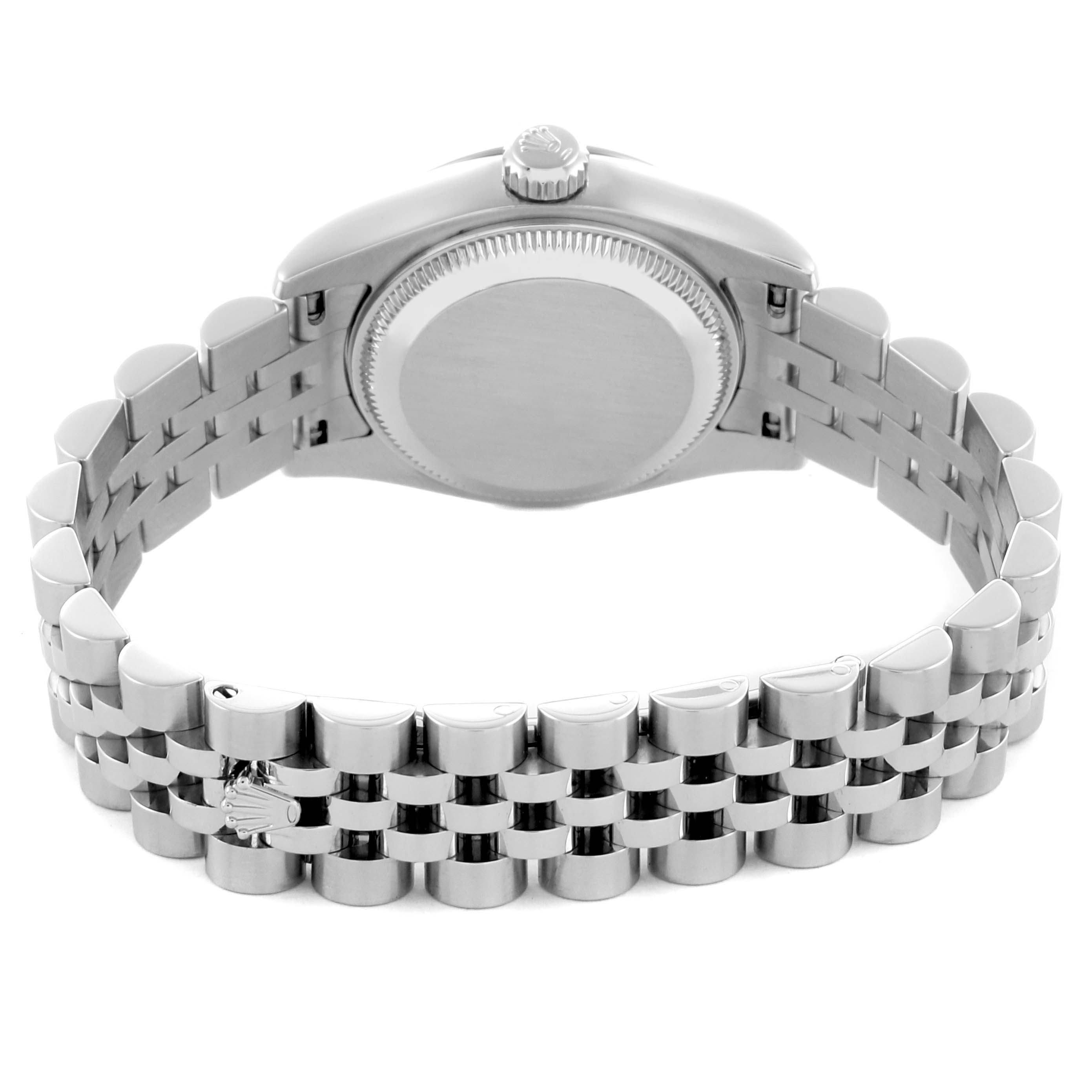 The image shows the back view of a Rolex Datejust 179174 Women's Stainless Steel Mother of Pearl Dial 179174 Women's Stainless Steel Mother of Pearl Dial, highlighting the bracelet and case back.