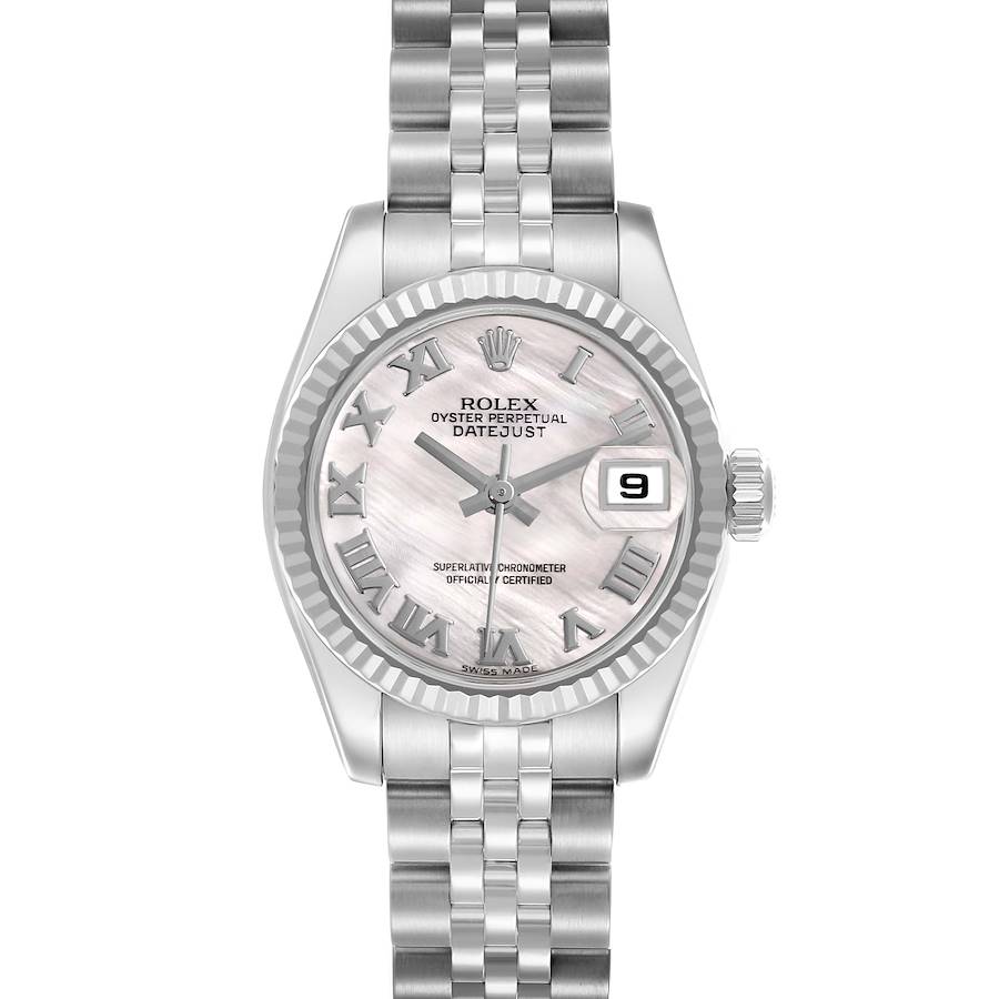 The Rolex Datejust watch is shown from the front, displaying its face, fluted bezel, and Jubilee bracelet.