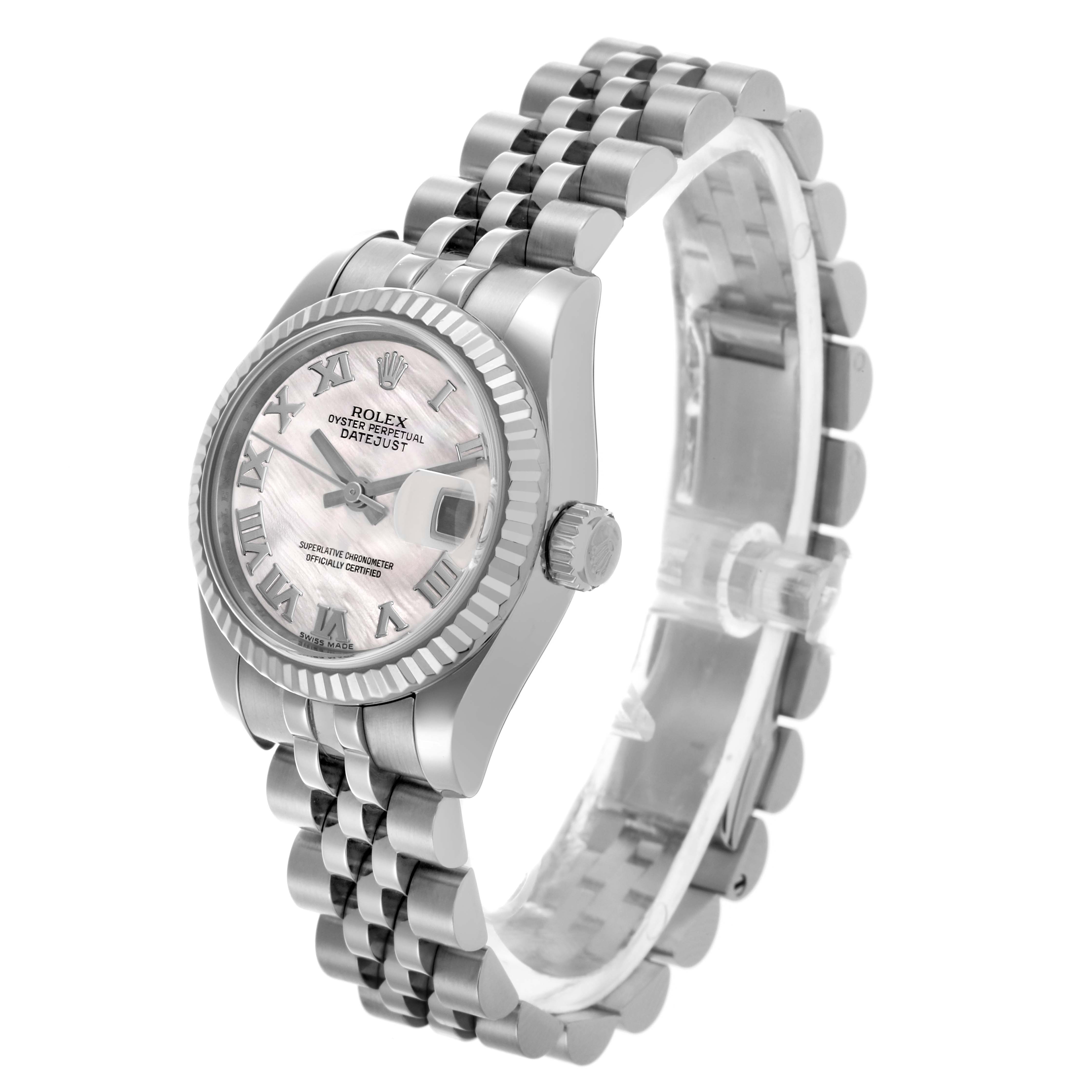The Rolex Datejust 179174 Women's Stainless Steel Mother of Pearl Dial 179174 Women's Stainless Steel Mother of Pearl Dial watch is shown at a three-quarter angle, featuring its case, dial, bezel, crown, and bracelet.