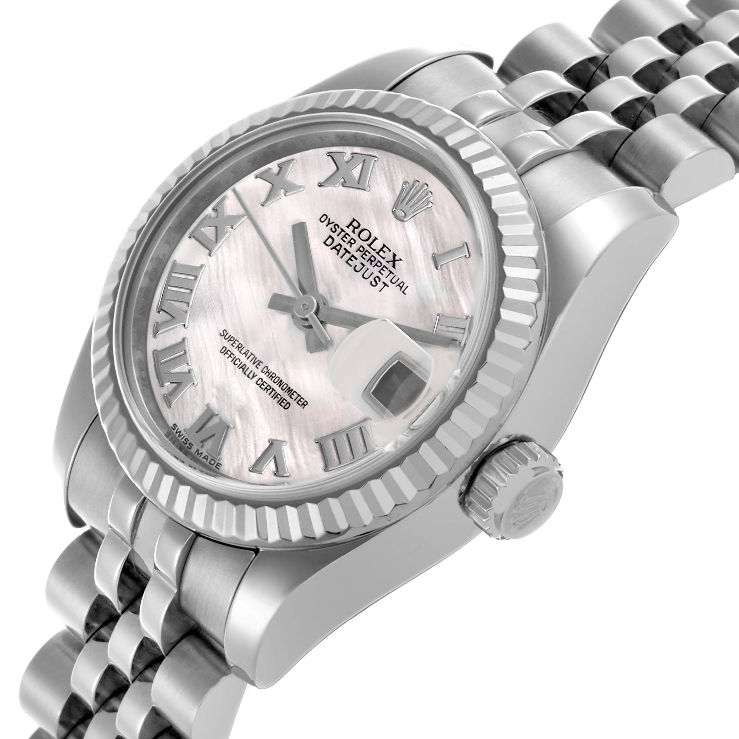 The Rolex Datejust 179174 Women's Stainless Steel Mother of Pearl Dial 179174 Women's Stainless Steel Mother of Pearl Dial watch is shown at a slight angle, highlighting the face, case, and part of the bracelet.