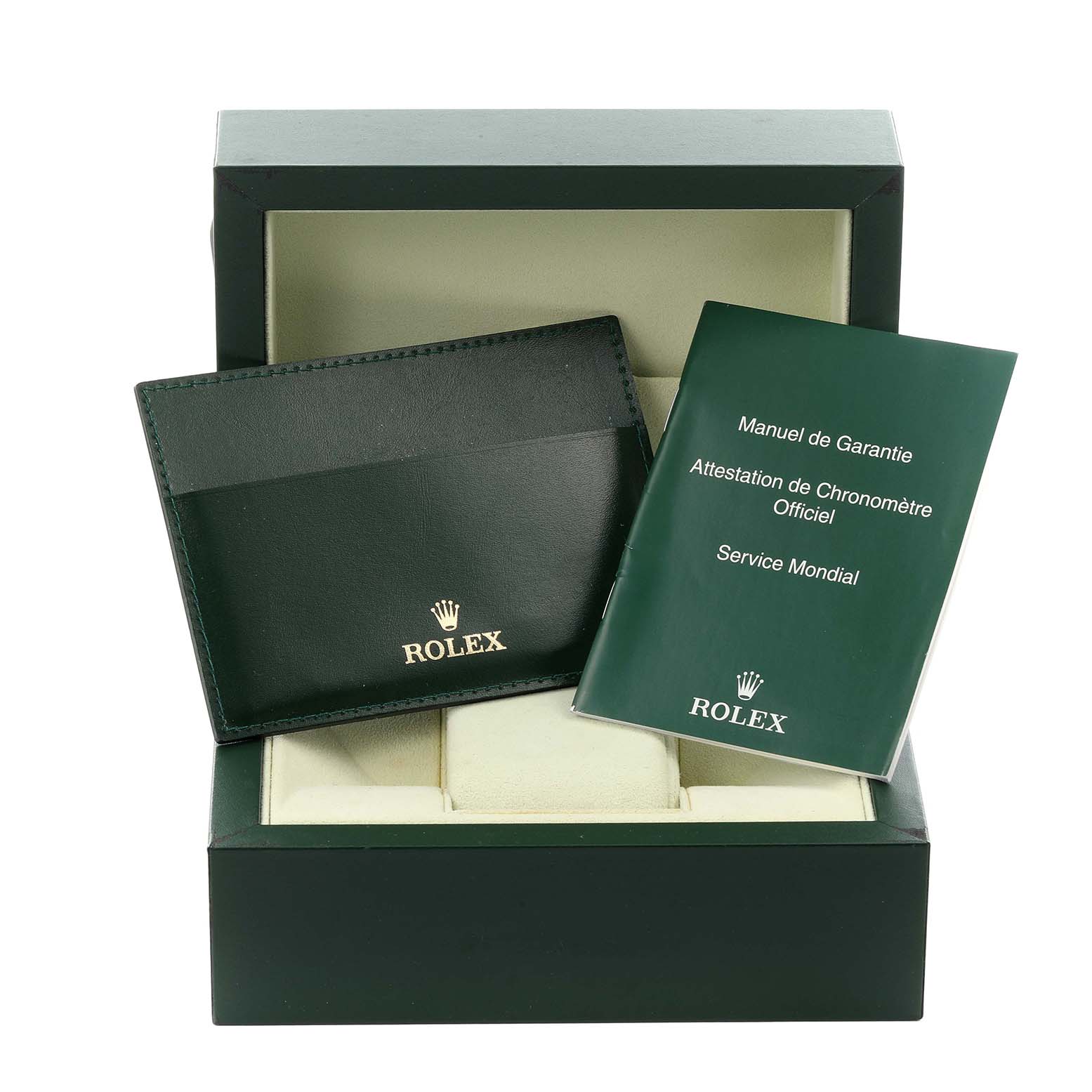 The image shows a Rolex Datejust 179174 Women's Stainless Steel Mother of Pearl Dial 179174 Women's Stainless Steel Mother of Pearl Dial box with a warranty card holder and manual, viewed from the front.