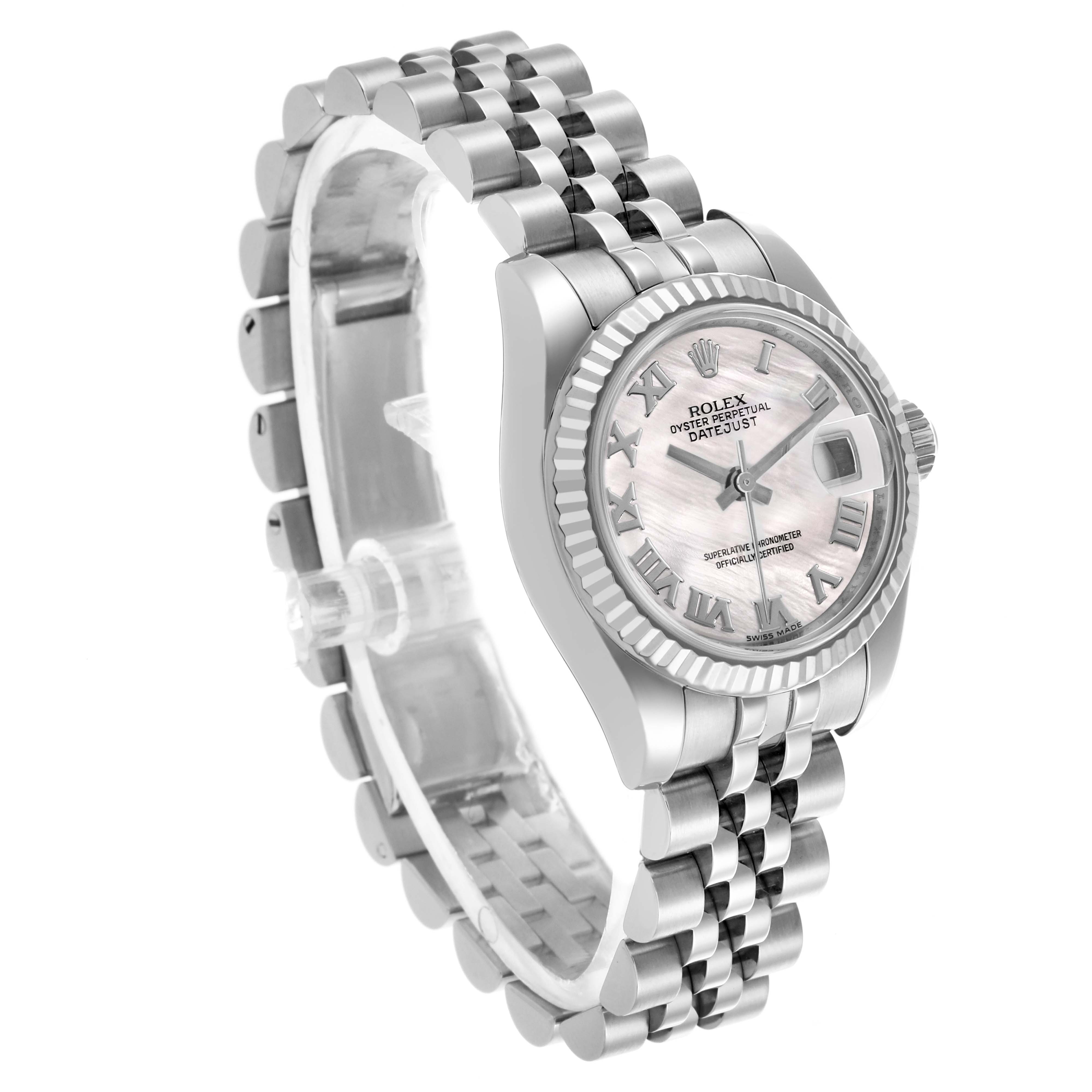 The Rolex Datejust 179174 Women's Stainless Steel Mother of Pearl Dial 179174 Women's Stainless Steel Mother of Pearl Dial watch is shown at a three-quarter angle, highlighting the bezel, dial, crown, and Jubilee bracelet.