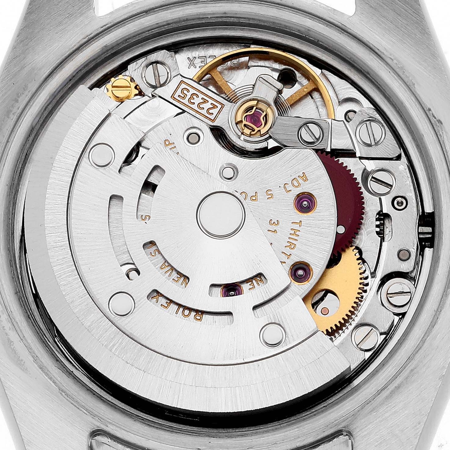 The image shows a close-up of the movement of a Rolex Datejust 179174 Women's Stainless Steel Mother of Pearl Dial 179174 Women's Stainless Steel Mother of Pearl Dial watch from the back.