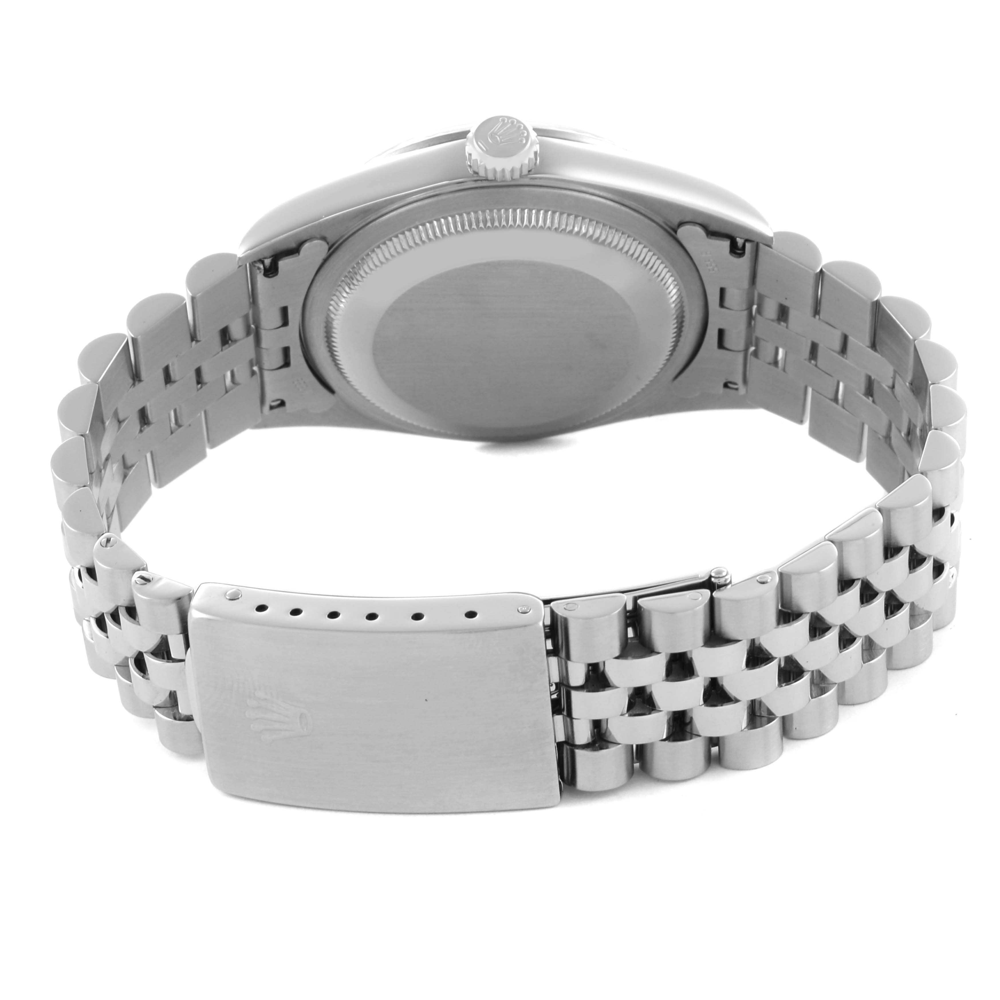 The image shows the back case, crown, and bracelet clasp of a Rolex Datejust 16234 Men's Stainless Steel Silver Dial 16234 Men's Stainless Steel Silver Dial watch.