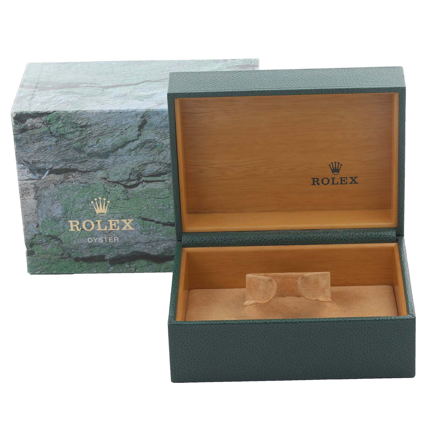 The image shows an open Rolex Datejust 16234 Men's Stainless Steel Silver Dial 16234 Men's Stainless Steel Silver Dial watch box and its textured outer box from an angled view.