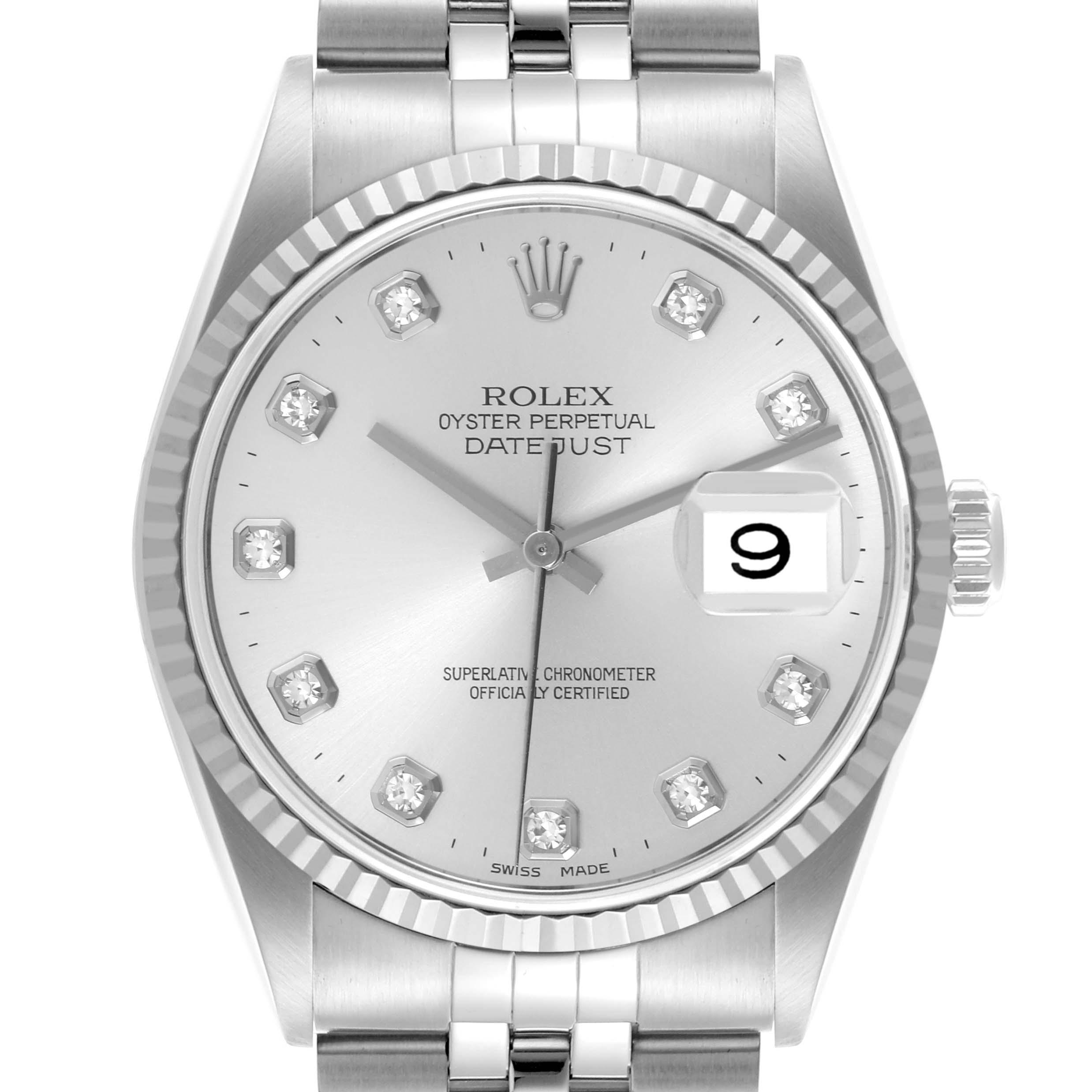 The Rolex Datejust 16234 Men's Stainless Steel Silver Dial 16234 Men's Stainless Steel Silver Dial is shown from the front, highlighting its silver dial, diamond hour markers, fluted bezel, and bracelet.
