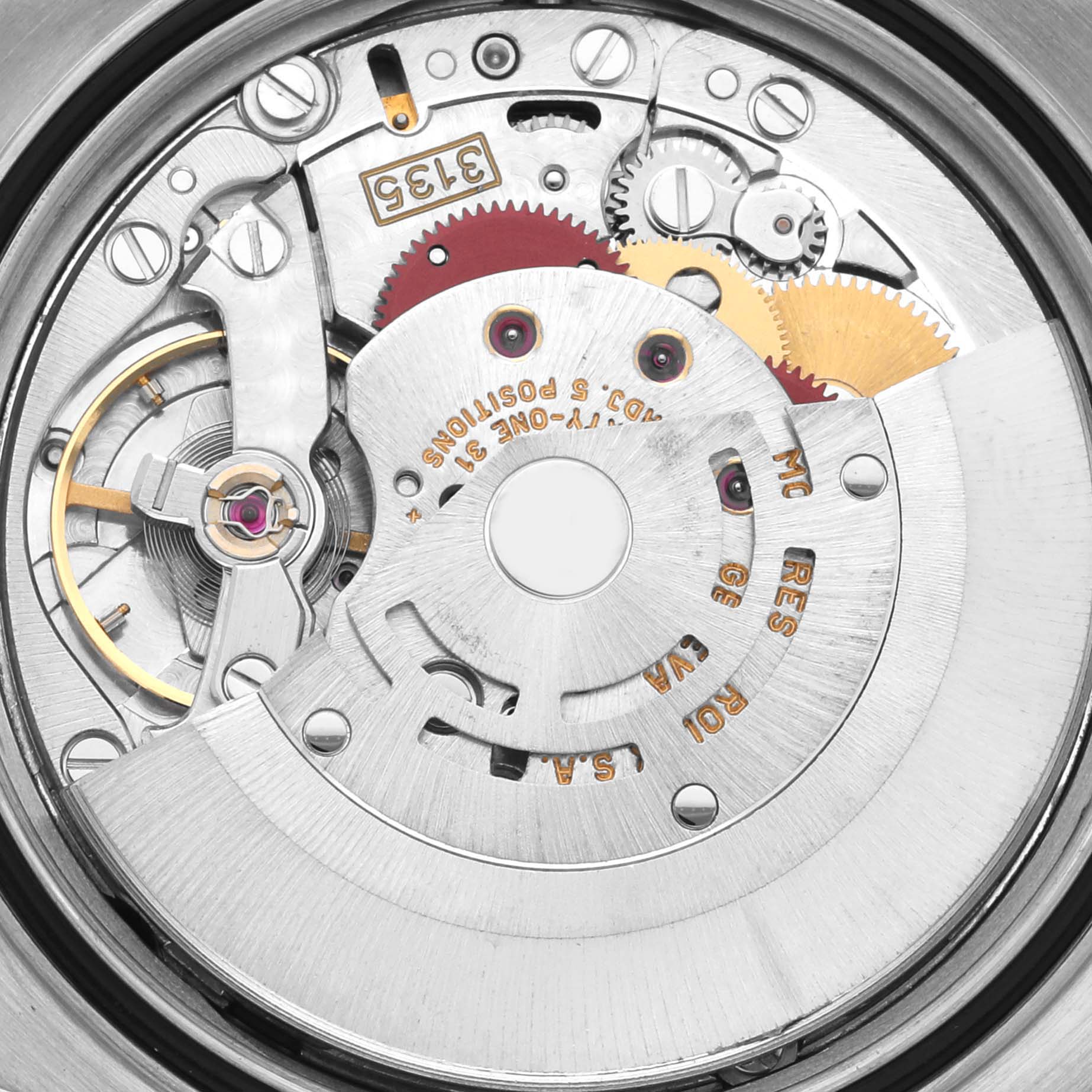 The image shows the movement mechanism of a Rolex Datejust 16234 Men's Stainless Steel Silver Dial 16234 Men's Stainless Steel Silver Dial, highlighting gears and components from an open back angle.