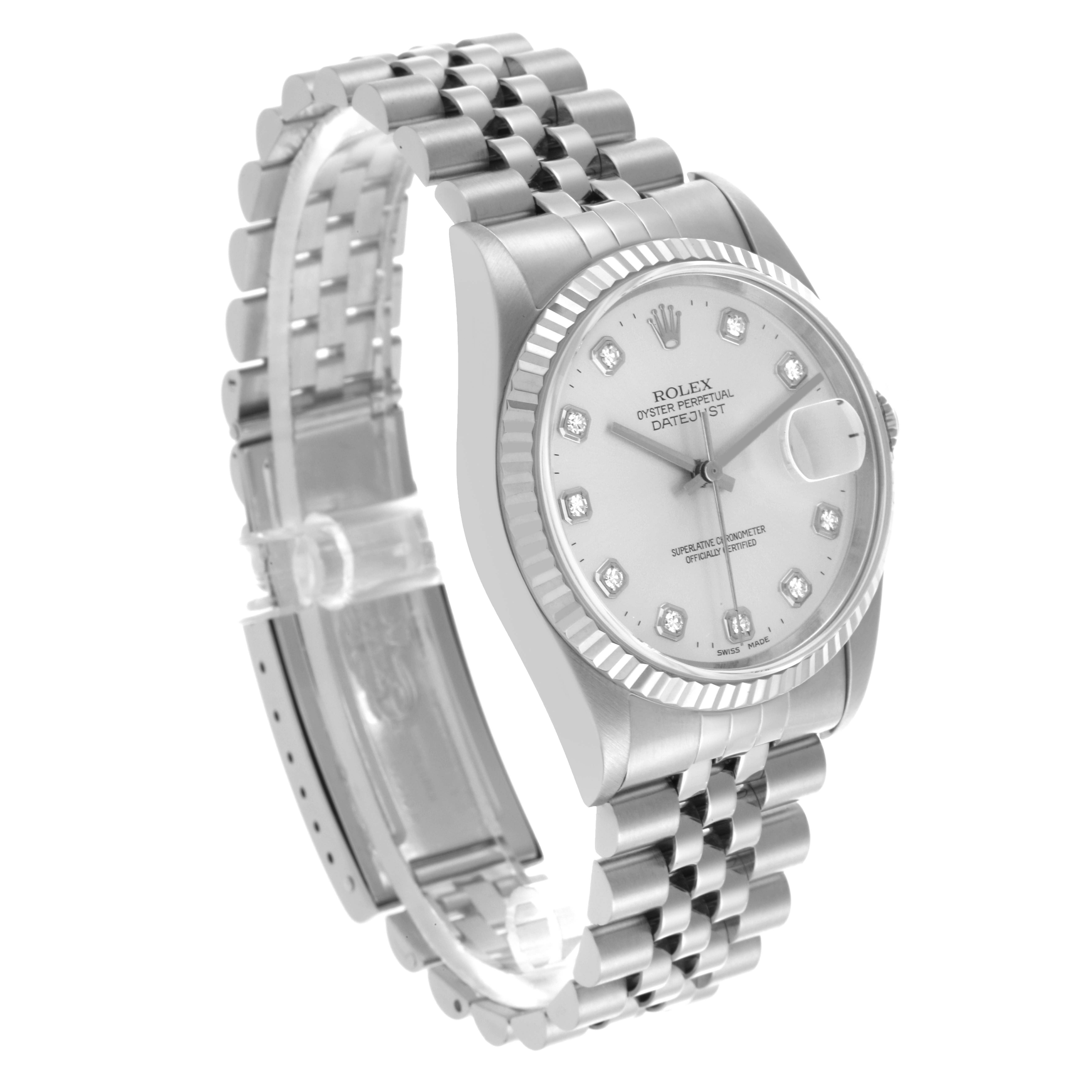 The Rolex Datejust 16234 Men's Stainless Steel Silver Dial 16234 Men's Stainless Steel Silver Dial is shown at a three-quarter angle, highlighting the face, bezel, and Jubilee bracelet.
