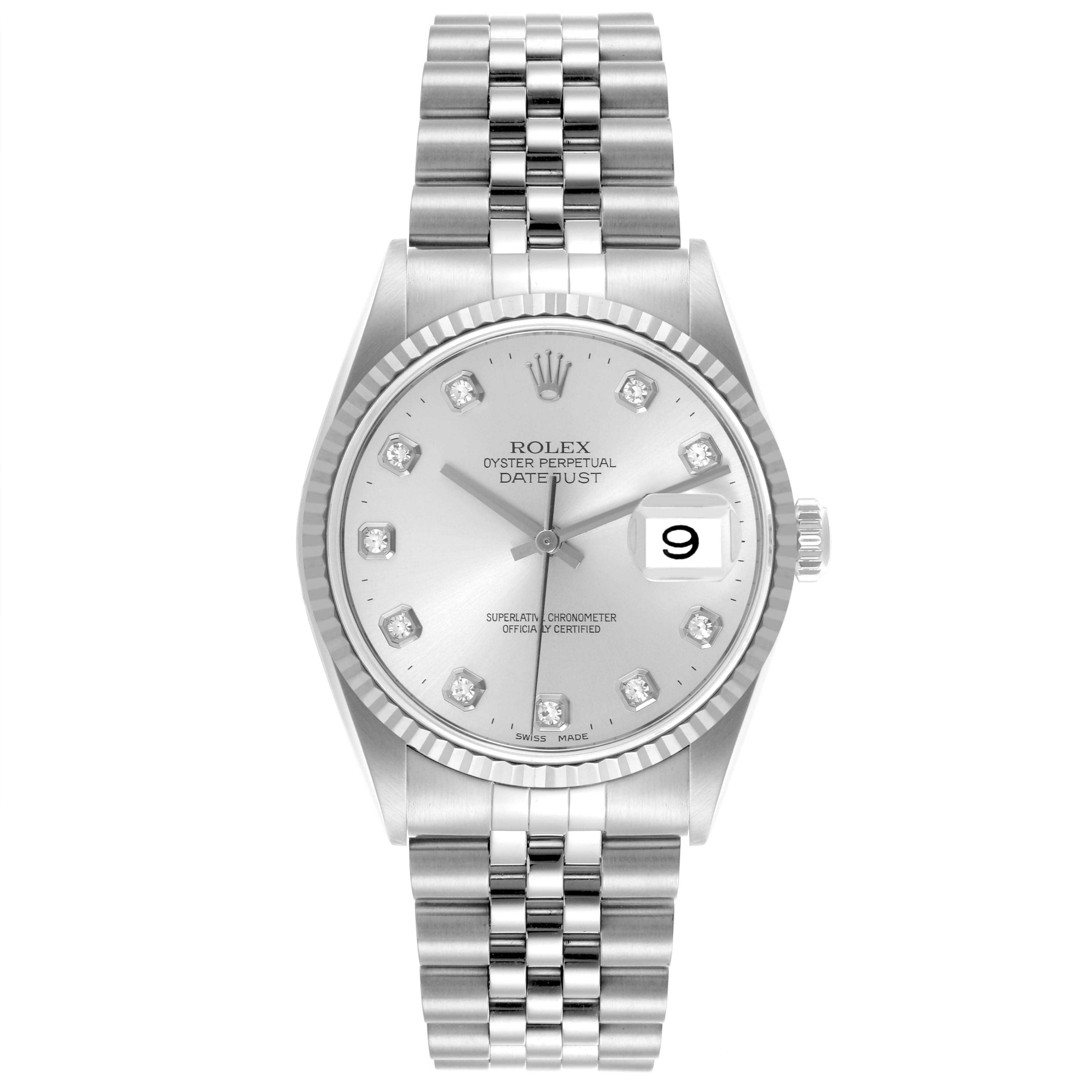 The Rolex Datejust 16234 Men's Stainless Steel Silver Dial 16234 Men's Stainless Steel Silver Dial watch is shown from a front angle, displaying the face, bezel, and bracelet.
