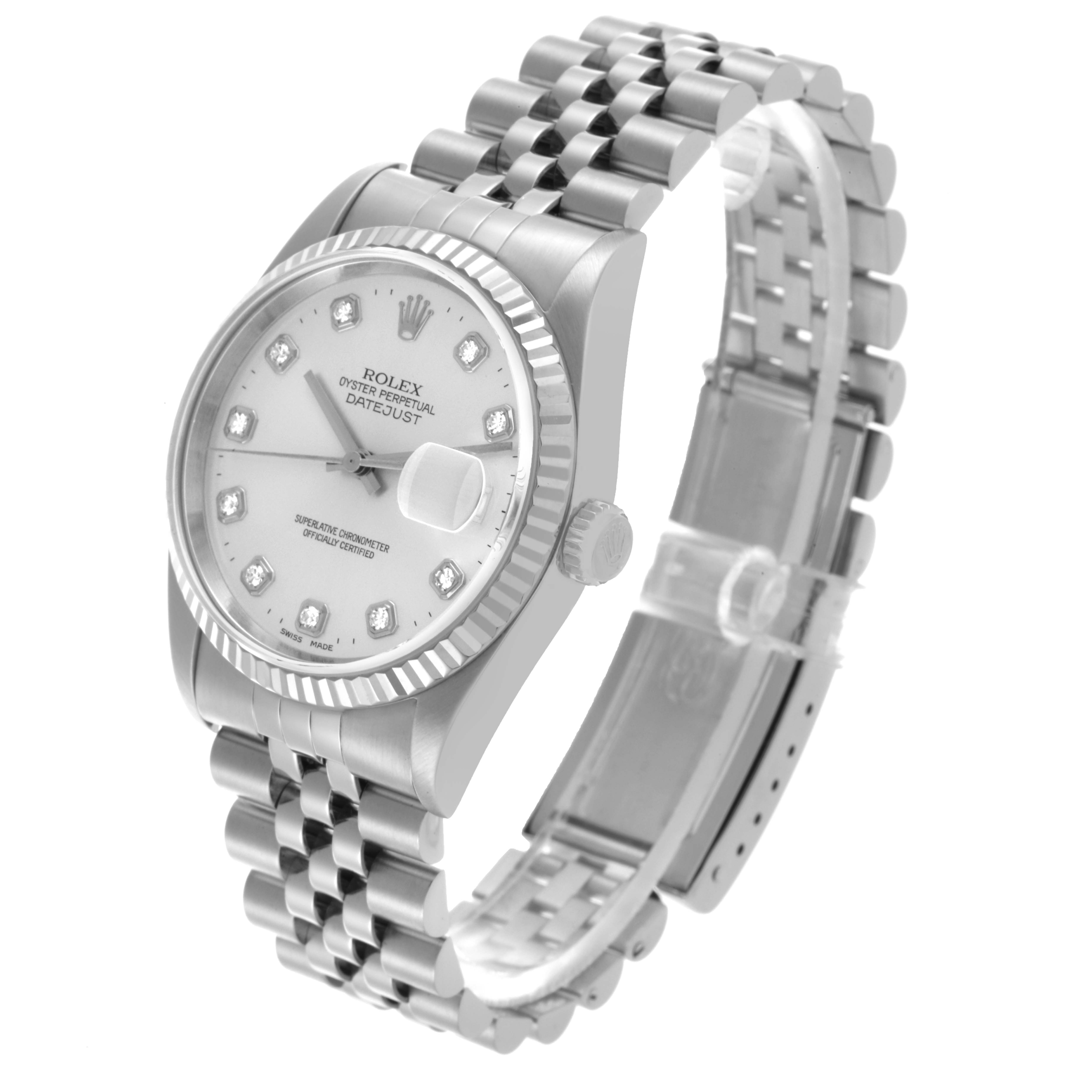 The Rolex Datejust 16234 Men's Stainless Steel Silver Dial 16234 Men's Stainless Steel Silver Dial watch is shown at a slight angle, displaying the face, bezel, crown, and Jubilee bracelet clearly.