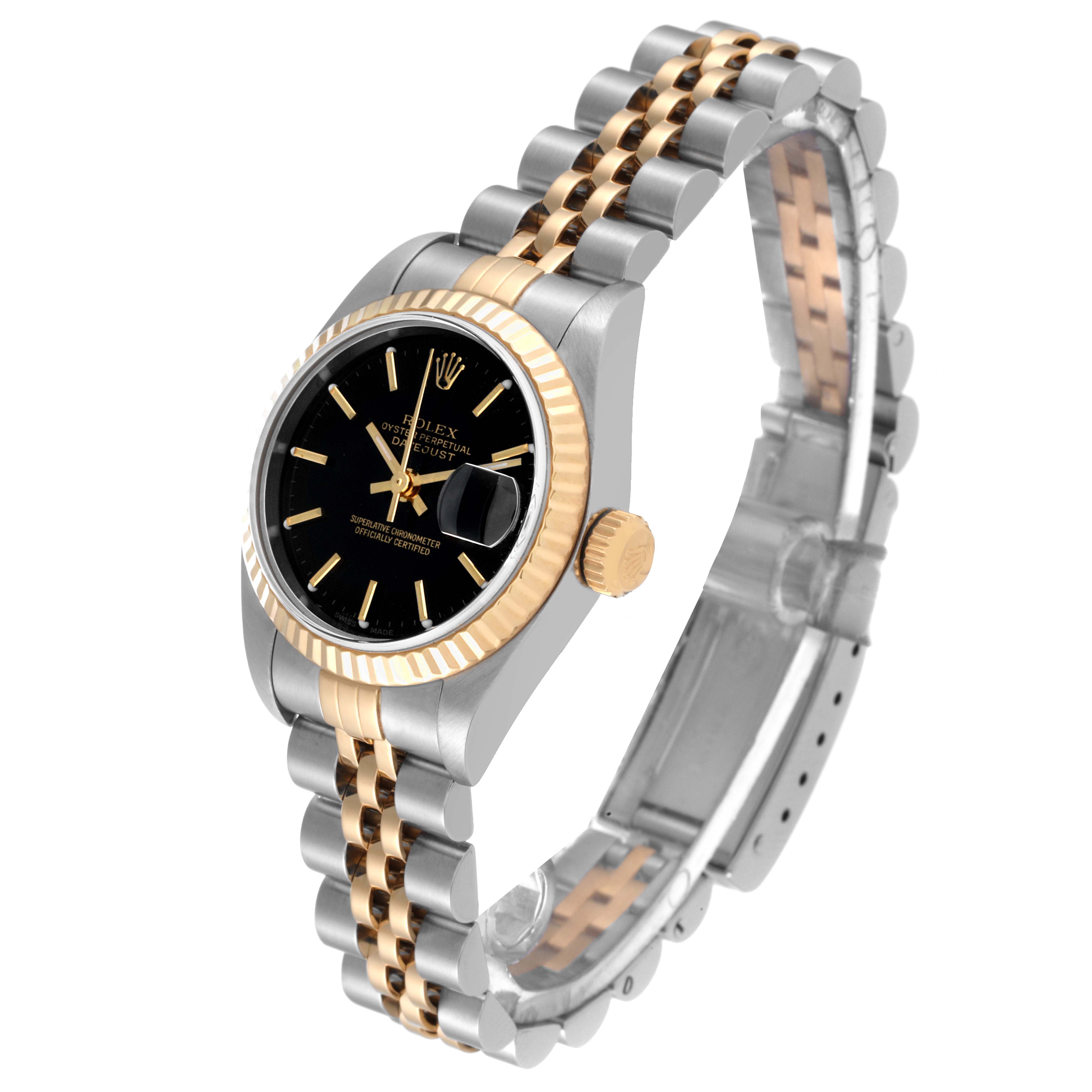 The Rolex Datejust 79173 Women's Steel and Gold (two tone) Black Dial 79173 Women's Steel and Gold (two tone) Black Dial watch is shown at a three-quarter angle, highlighting the bezel, dial, crown, and part of the bracelet.