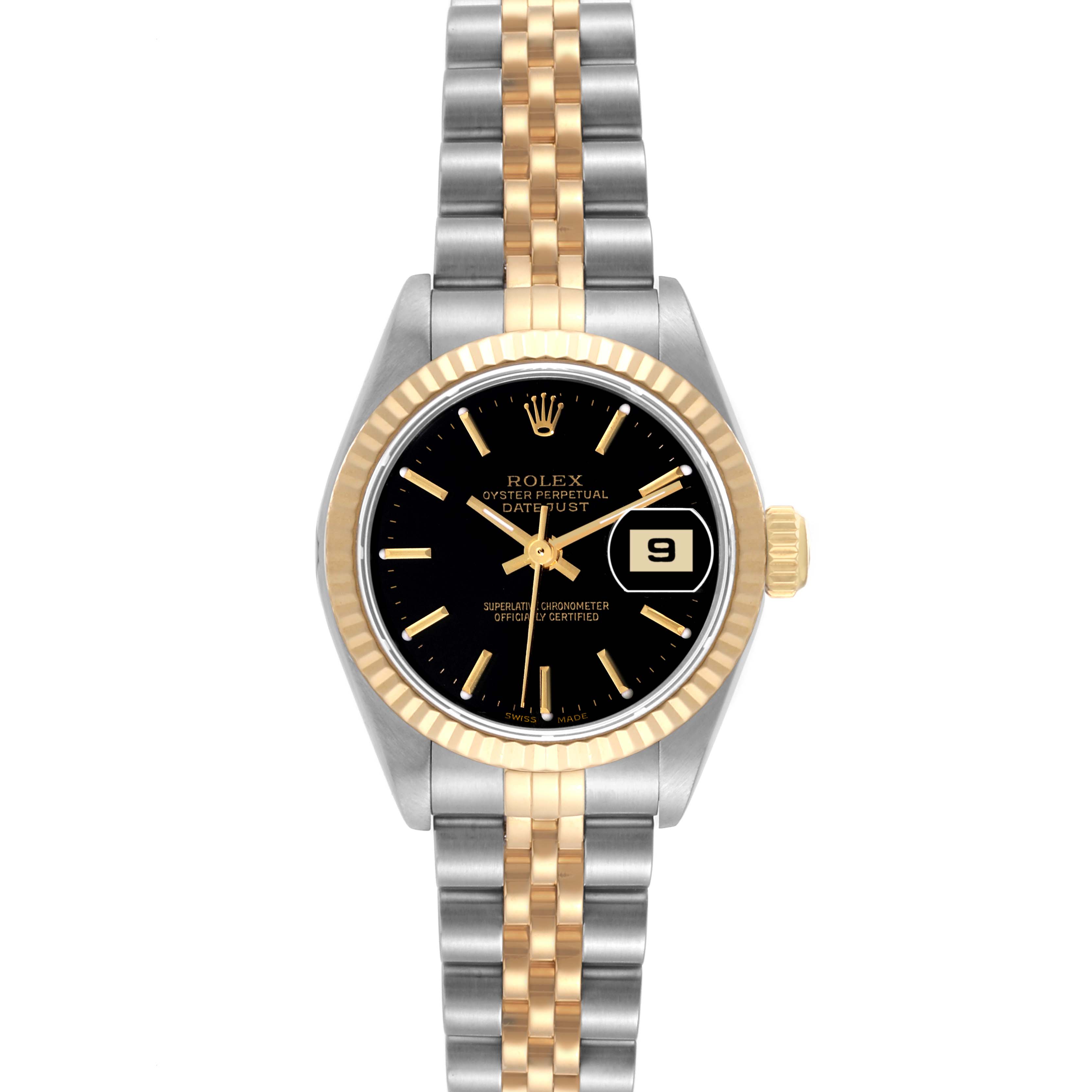 This Rolex Datejust 79173 Women's Steel and Gold (two tone) Black Dial 79173 Women's Steel and Gold (two tone) Black Dial model is shown from a top-down angle, displaying the face, bezel, crown, and bracelet.