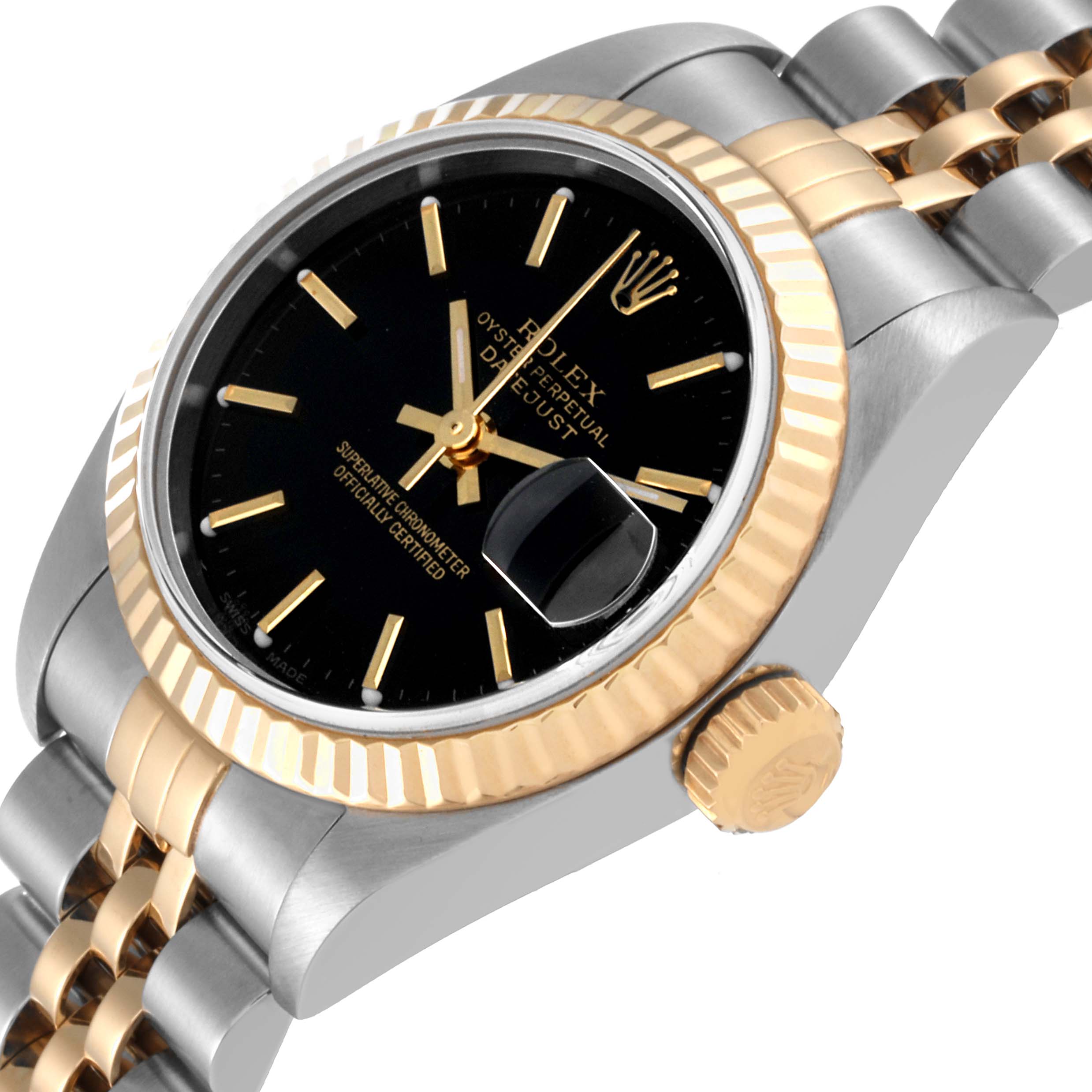 This image shows a close-up of the Rolex Datejust 79173 Women's Steel and Gold (two tone) Black Dial 79173 Women's Steel and Gold (two tone) Black Dial watch, highlighting the face, bezel, crown, and part of the bracelet.