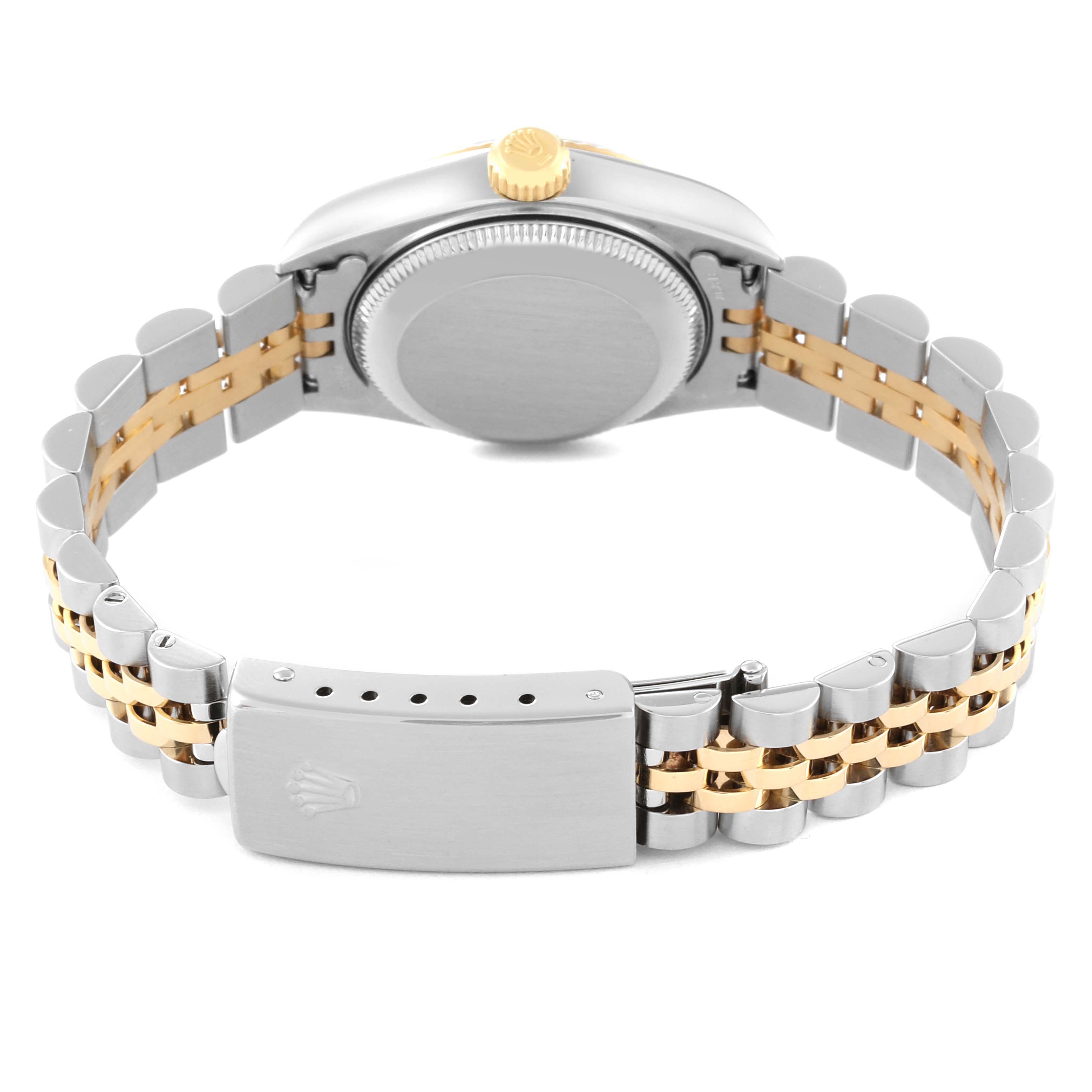 The image shows the back angle of a Rolex Datejust 79173 Women's Steel and Gold (two tone) Black Dial 79173 Women's Steel and Gold (two tone) Black Dial watch, featuring the case back, crown, and two-tone bracelet with the clasp.