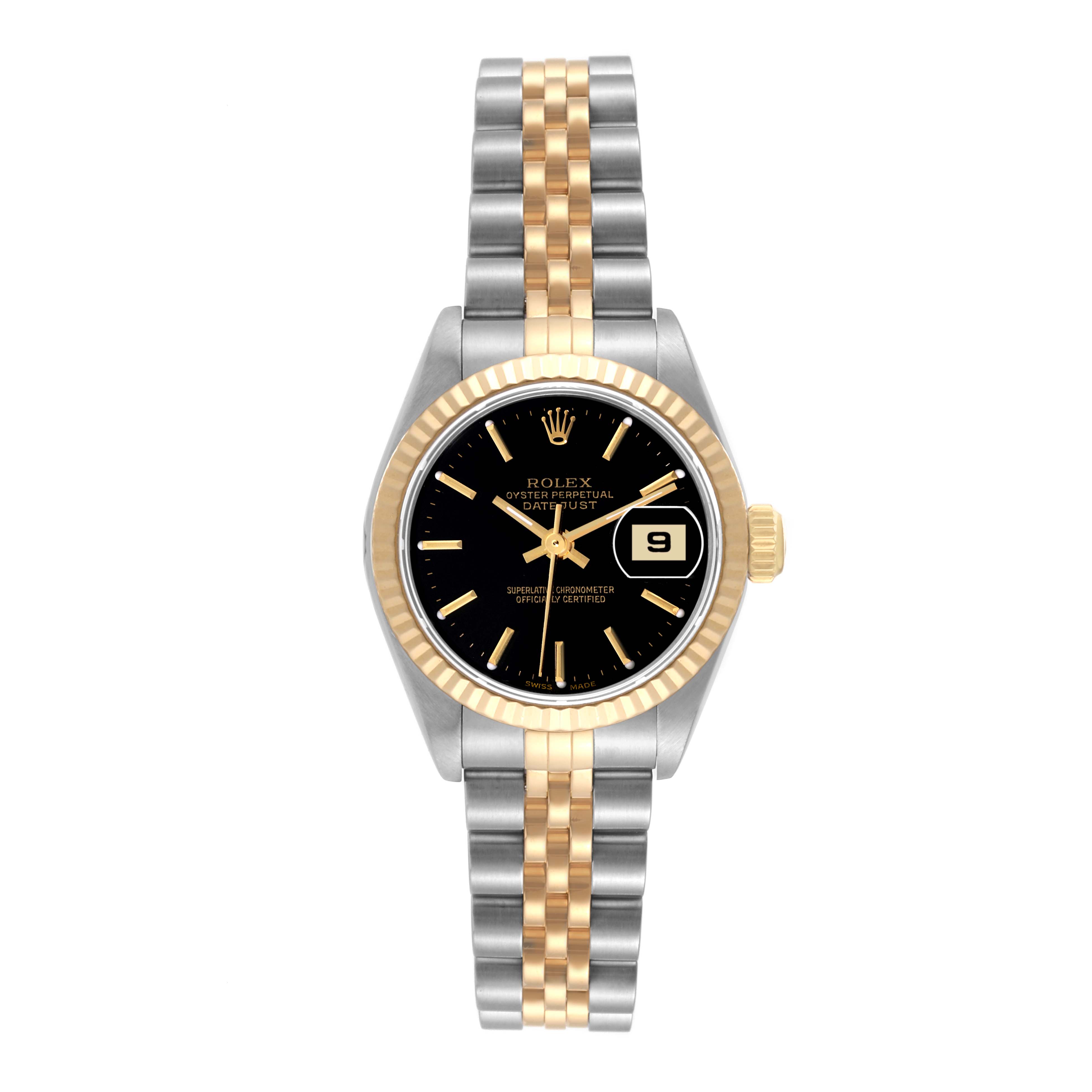 The image displays a Rolex Datejust 79173 Women's Steel and Gold (two tone) Black Dial 79173 Women's Steel and Gold (two tone) Black Dial watch from a top-down angle, showcasing its black dial, steel and gold bracelet, and fluted bezel.