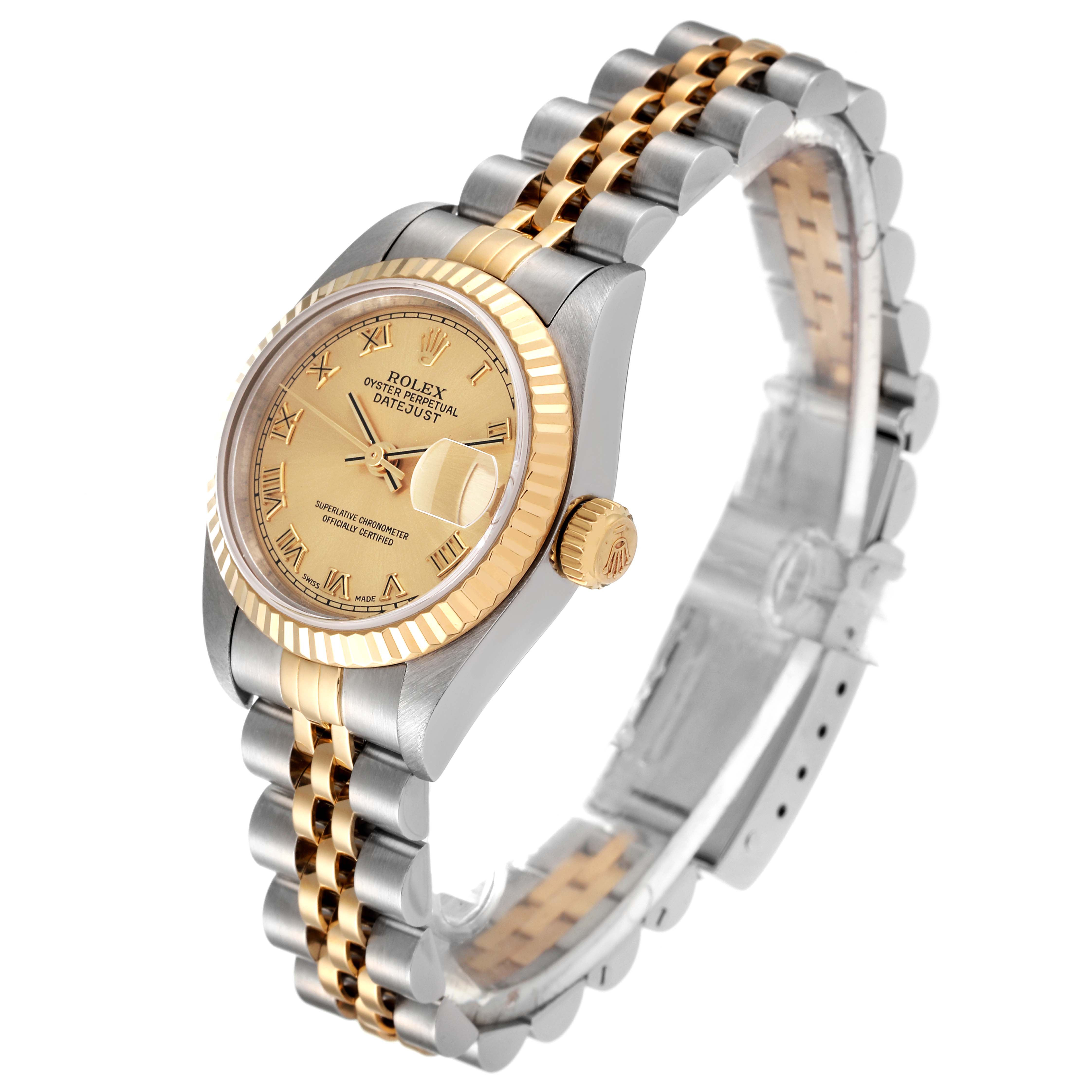 The image shows a Rolex Datejust 79173 Women's Steel and Gold (two tone) Champagne Dial 79173 Women's Steel and Gold (two tone) Champagne Dial watch at a three-quarter angle, highlighting its dial, bezel, crown, and two-tone bracelet.