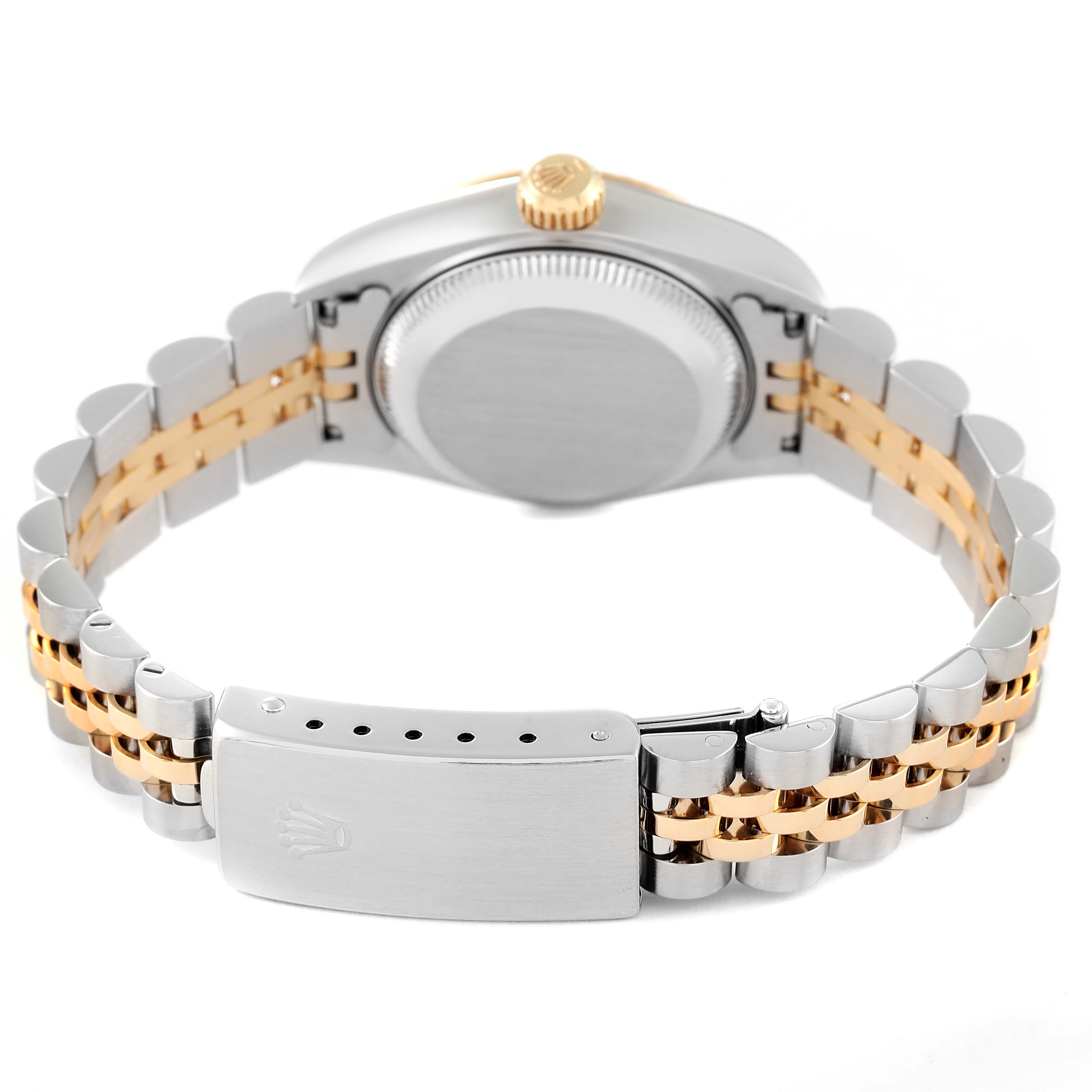 This image shows the back view of a Rolex Datejust 79173 Women's Steel and Gold (two tone) Champagne Dial 79173 Women's Steel and Gold (two tone) Champagne Dial watch, highlighting its case back, bracelet, and clasp.