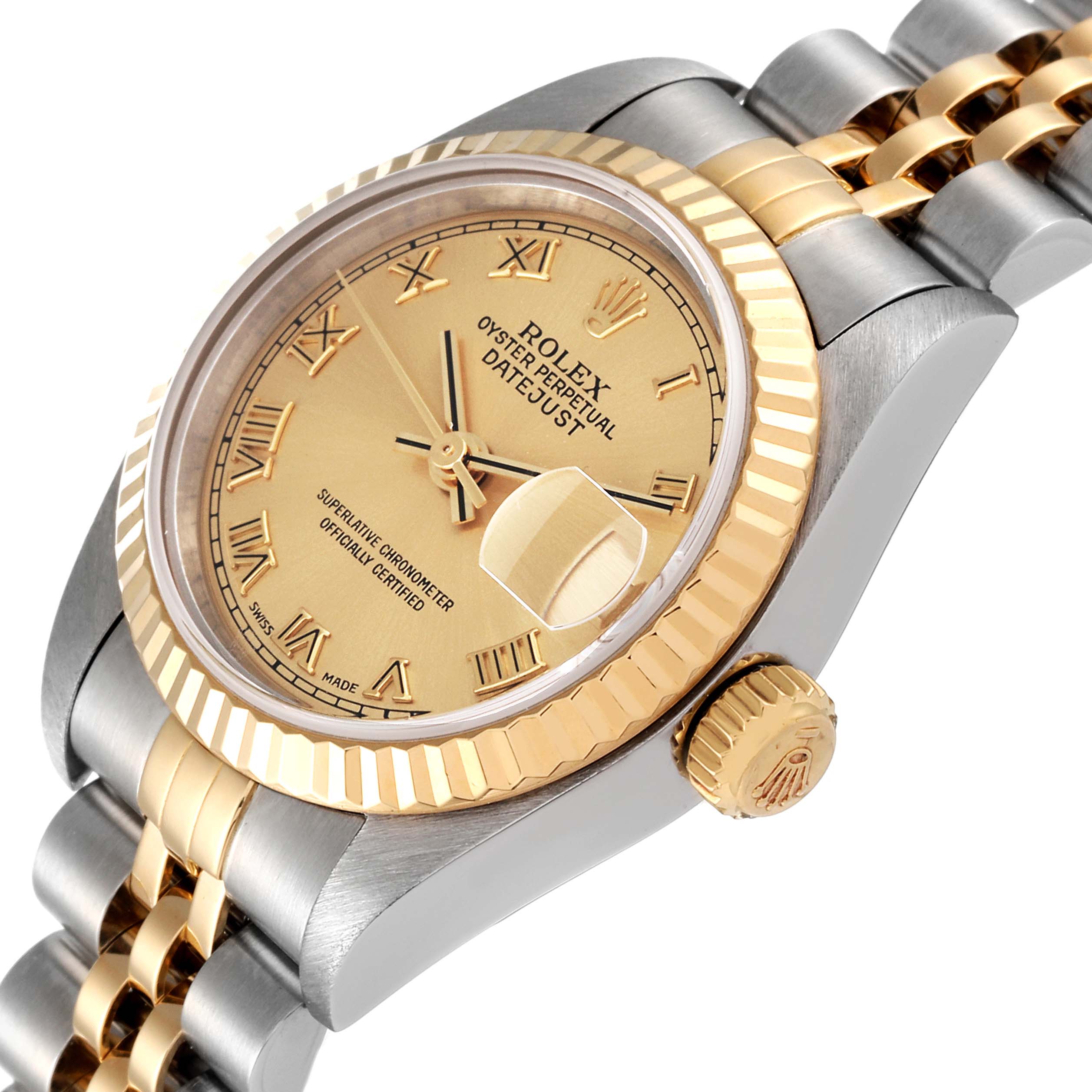The Rolex Datejust 79173 Women's Steel and Gold (two tone) Champagne Dial 79173 Women's Steel and Gold (two tone) Champagne Dial watch is shown at an angle displaying the dial, bezel, fluted crown, and a portion of the bracelet.