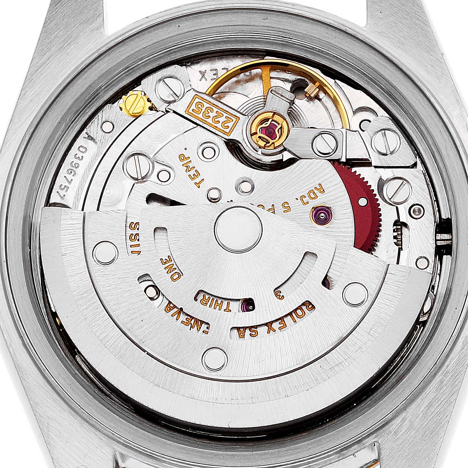 The image shows the movement mechanism of a Rolex Datejust 79173 Women's Steel and Gold (two tone) Champagne Dial 79173 Women's Steel and Gold (two tone) Champagne Dial watch from the back, highlighting intricate parts and gears.