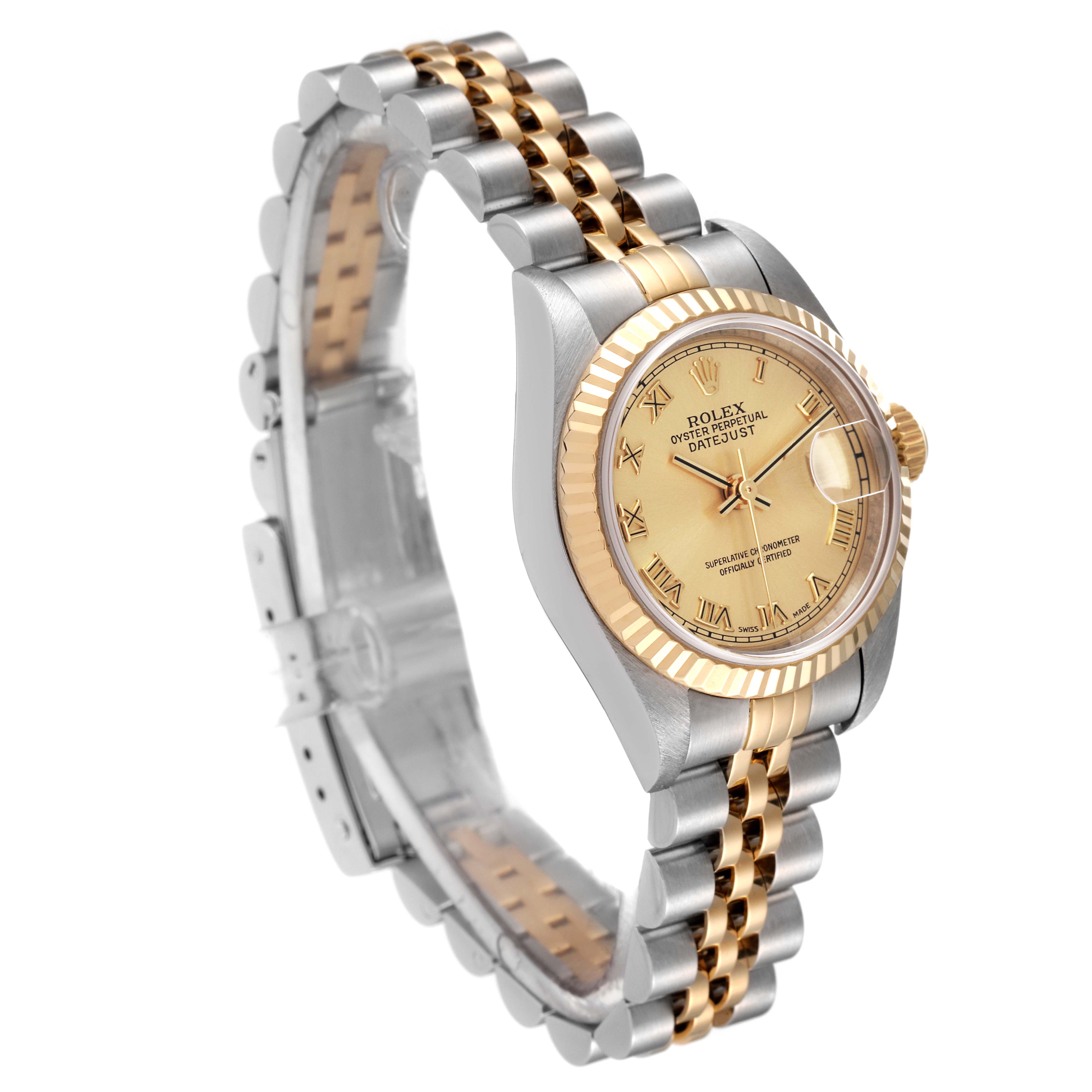 The image shows a Rolex Datejust 79173 Women's Steel and Gold (two tone) Champagne Dial 79173 Women's Steel and Gold (two tone) Champagne Dial watch at a slight angle, highlighting its gold and silver bracelet, dial, and fluted bezel.